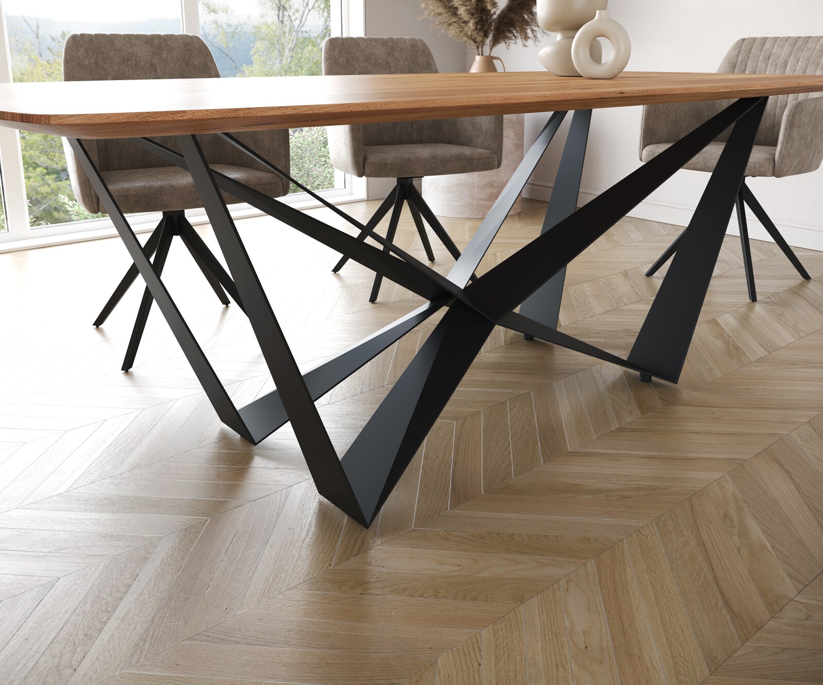 Table à manger Edge Boot 200x100 acacia nature Spider acier plat noir bord suisse 5