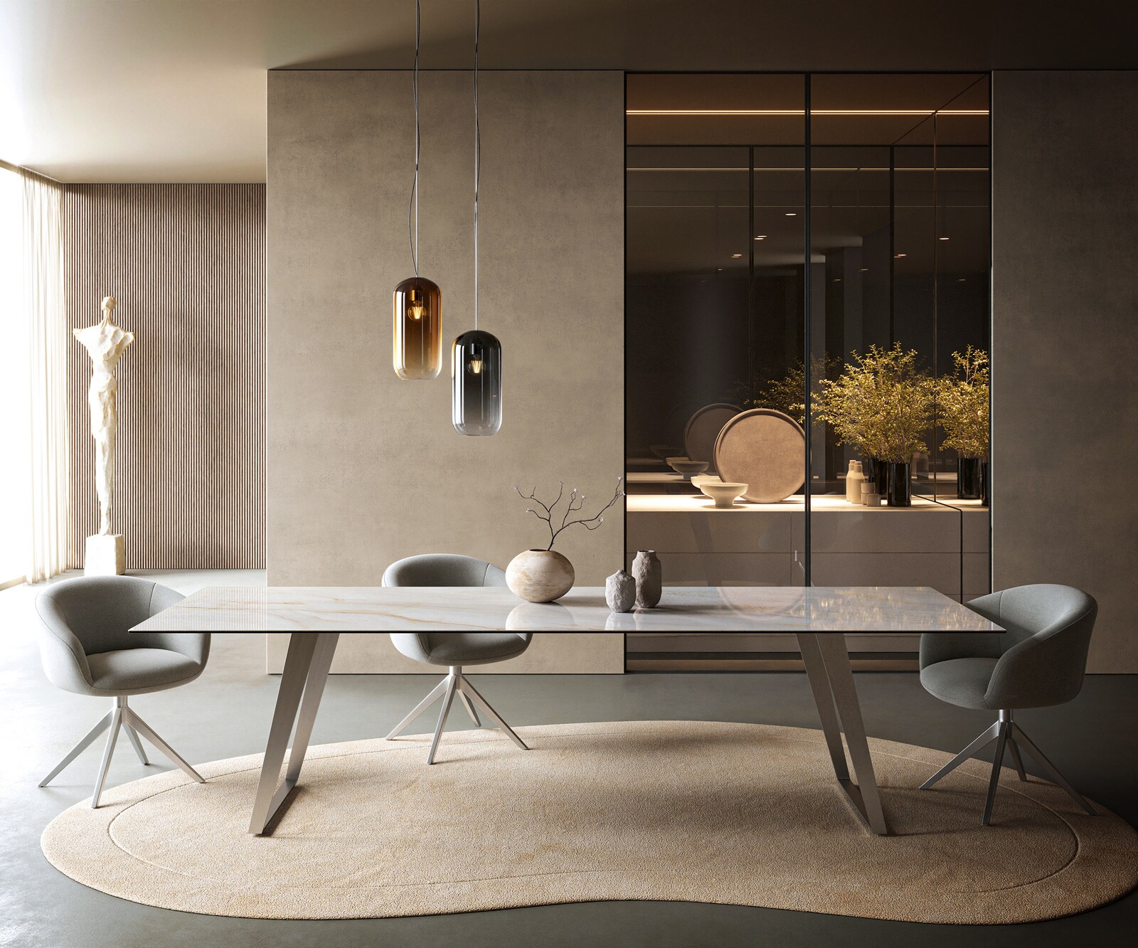 Table à manger Edge 300x100 cm céramique Onyx Pearl inox incliné 2