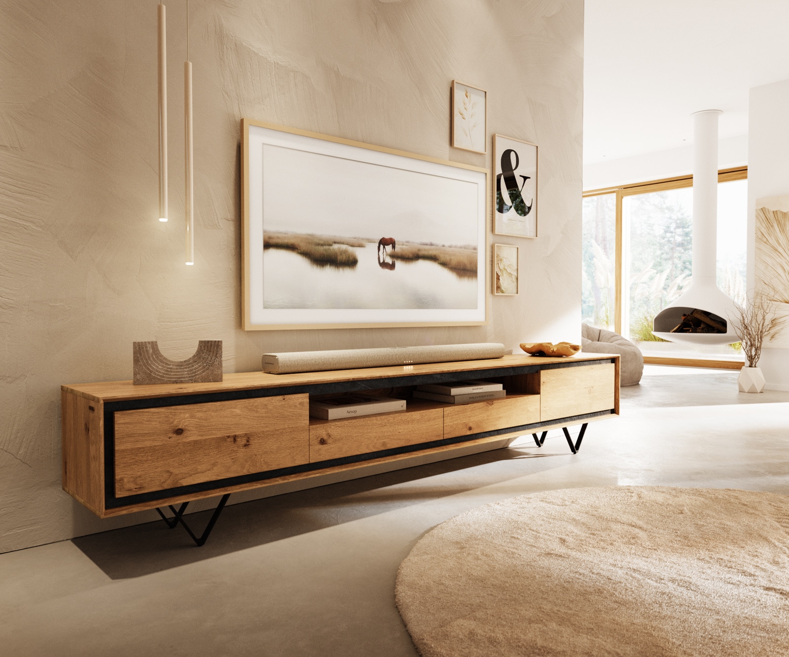 Meuble TV Stonegrace 240 cm Chêne naturel 2 portes 1 compartiment 2 tiroirs Placage pierre Pied en V métal noir Meuble TV Stonegrace 240 cm Chêne naturel 2 portes 1 compartiment 2 tiroirs Placage pierre Pied en V métal noir