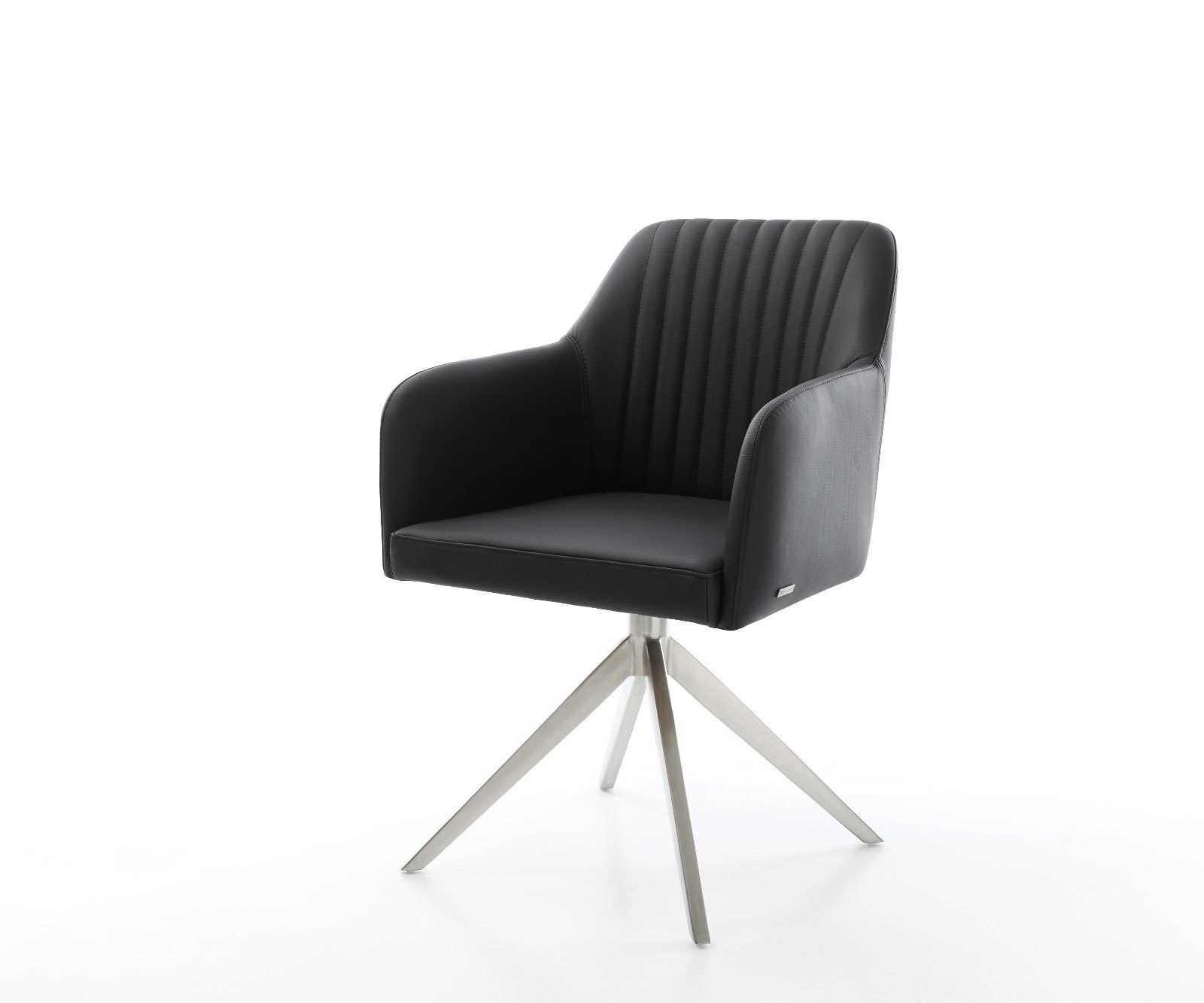 Chaise-pivotante Greg-Flex cuir de vache noir pied croisé large acier inoxydable brossé pivotement sur 360° fonction bascule ressorts ensachés