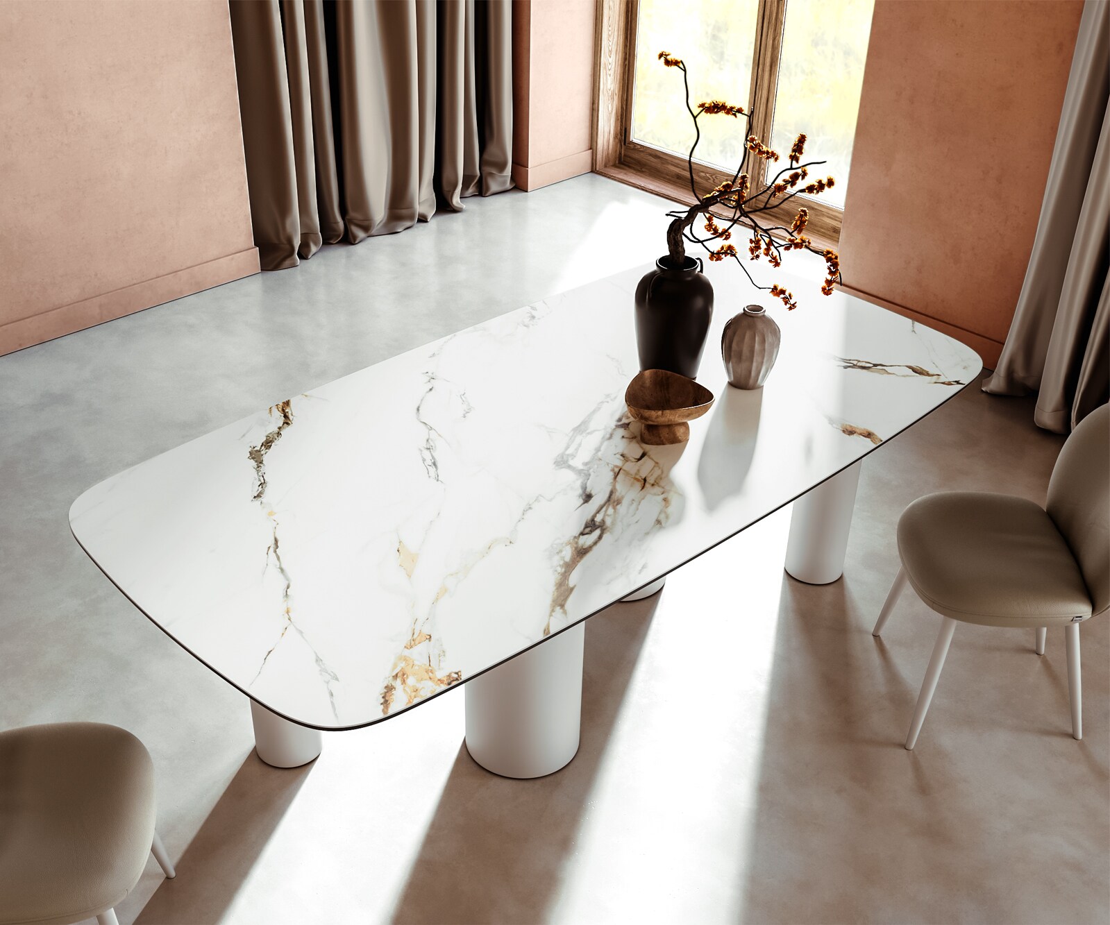 Table à manger Edge Boot 240x120 Céramique Calacatta Luxe Blanc-Doré-Gris Pilier Métal Blanc 3
