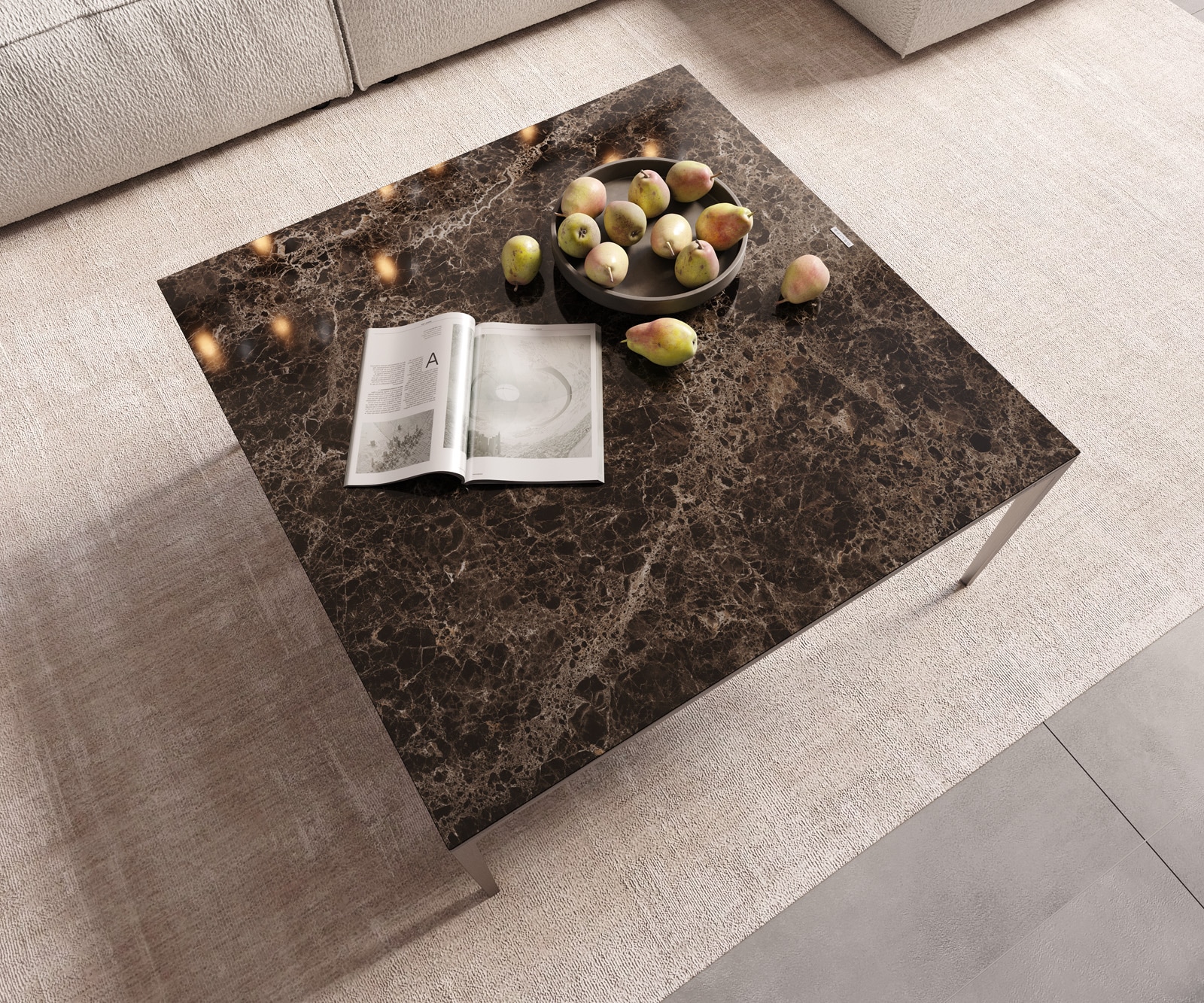 Table-basse Levente 85x85 cm Céramique Laminam®Emperador Extra Lucidato Marron foncé Piétement inox Argent 3 Table-basse Levente 85x85 cm Céramique Laminam®Emperador Extra Lucidato Marron foncé Piétement inox Argent 3