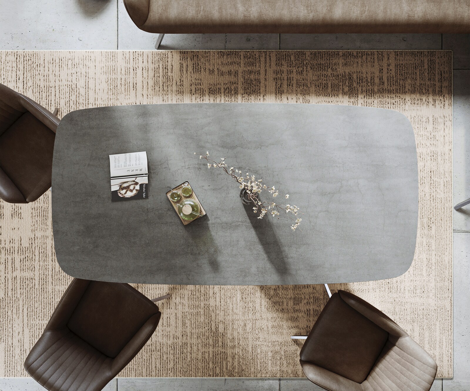 Table à manger Edge bateau 200x100 cm céramique béton gris Cono métal argenté 5