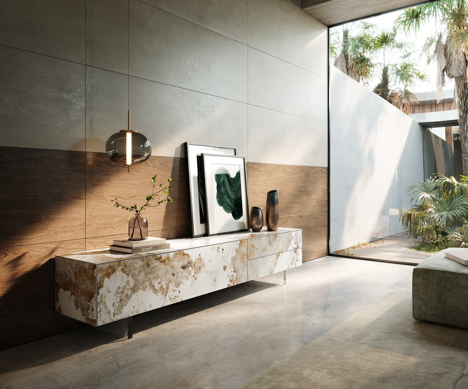 Meuble-TV Cuor 220 cm Céramique Minas Melange Blanc-beige 1 Clapet 2 Tiroirs Pied optique flottant Verre acrylique