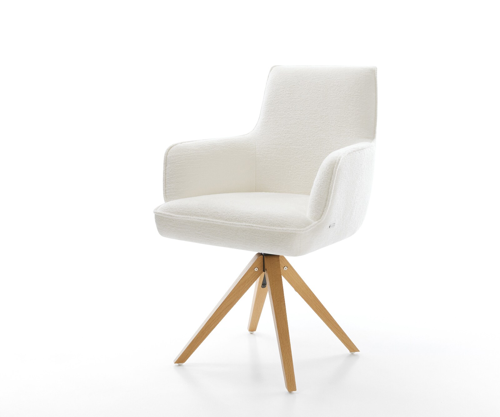 Chaise-pivotante Heira-Flex avec accoudoirs bouclé doux beige pied en bois angulaire naturel pivotement sur 180° resorts ensachés 1