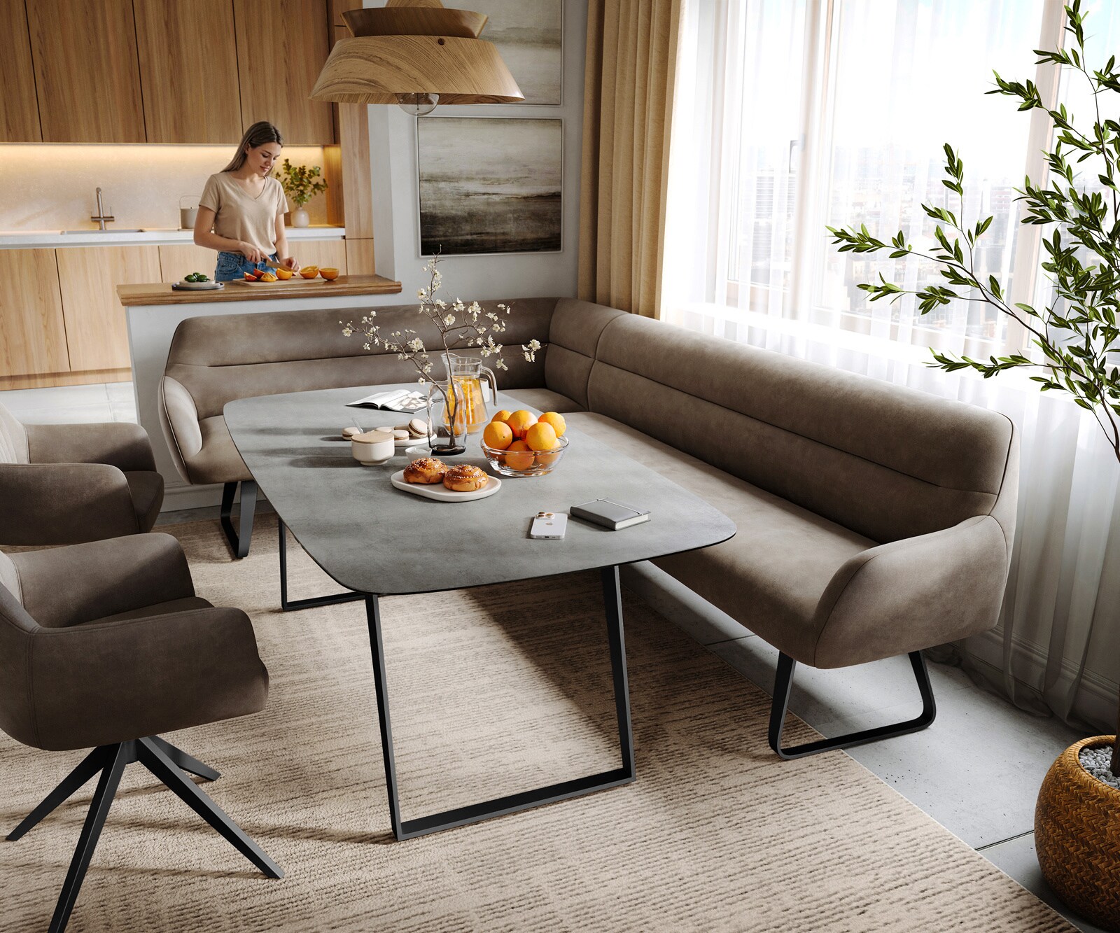 Banc-de-salle-à-manger Taya-Flex 285x190 cm microfibre taupe vintage châssis à patins plat noir ressort ensaché à droite