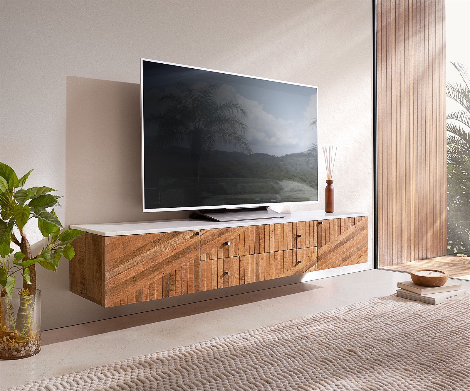 Lowboard Bahan Mango Teak Plateau en marbre blanc 2