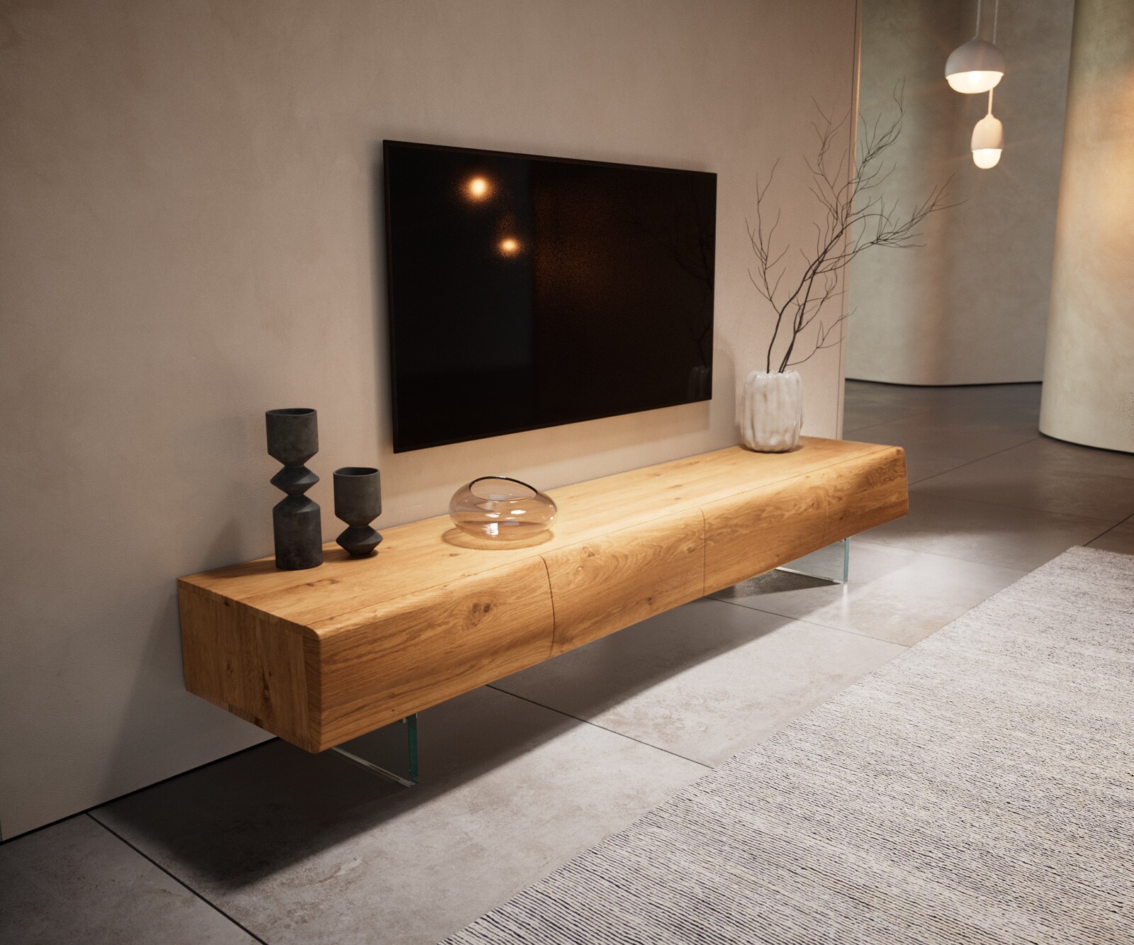 Meuble -TV New Live-Edge 200 cm chêne naturel 4 portes pied en verre 4