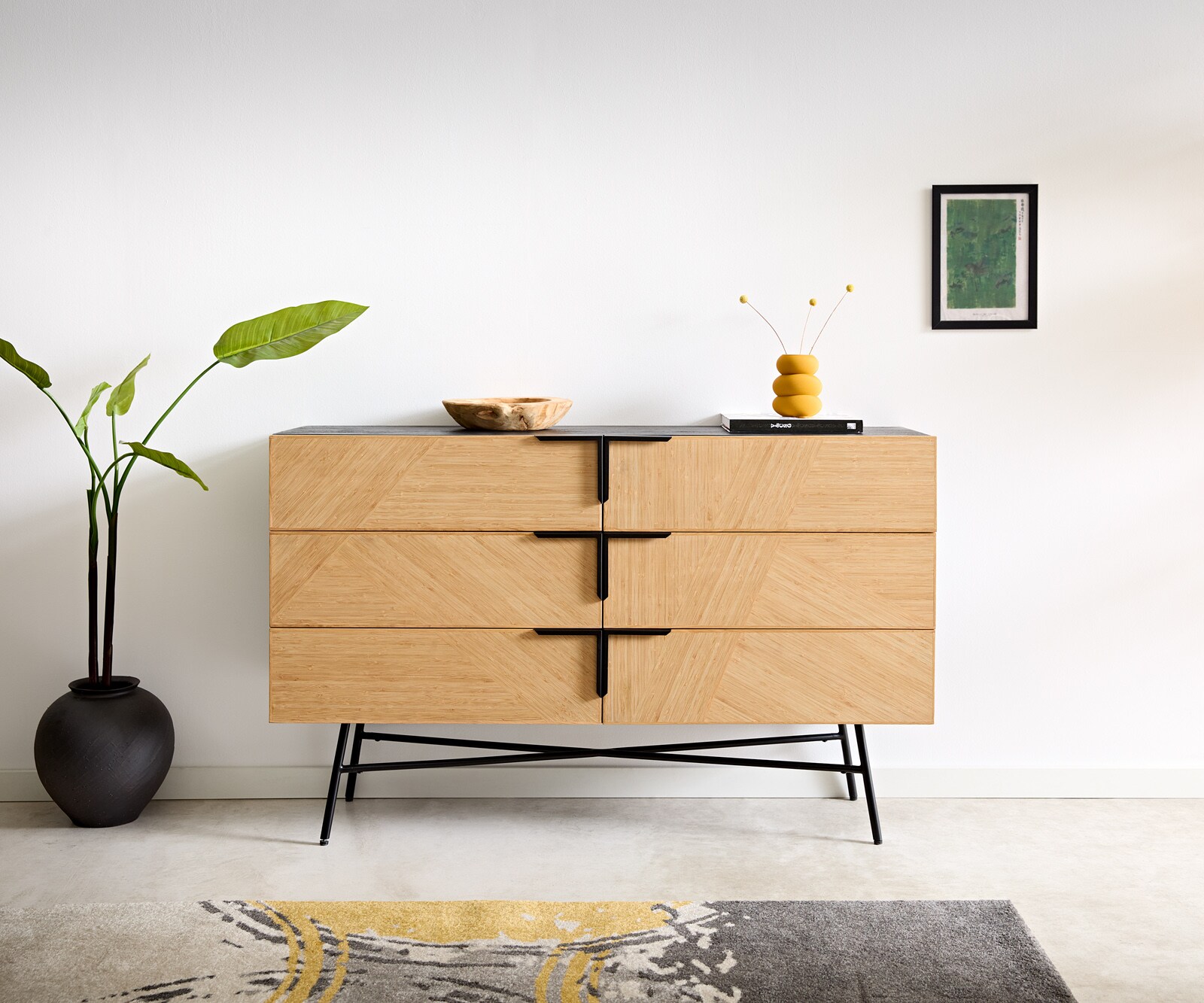 Buffet Mikkusu 140 cm bambou naturel manguier noir 6 tiroirs métal noir 1