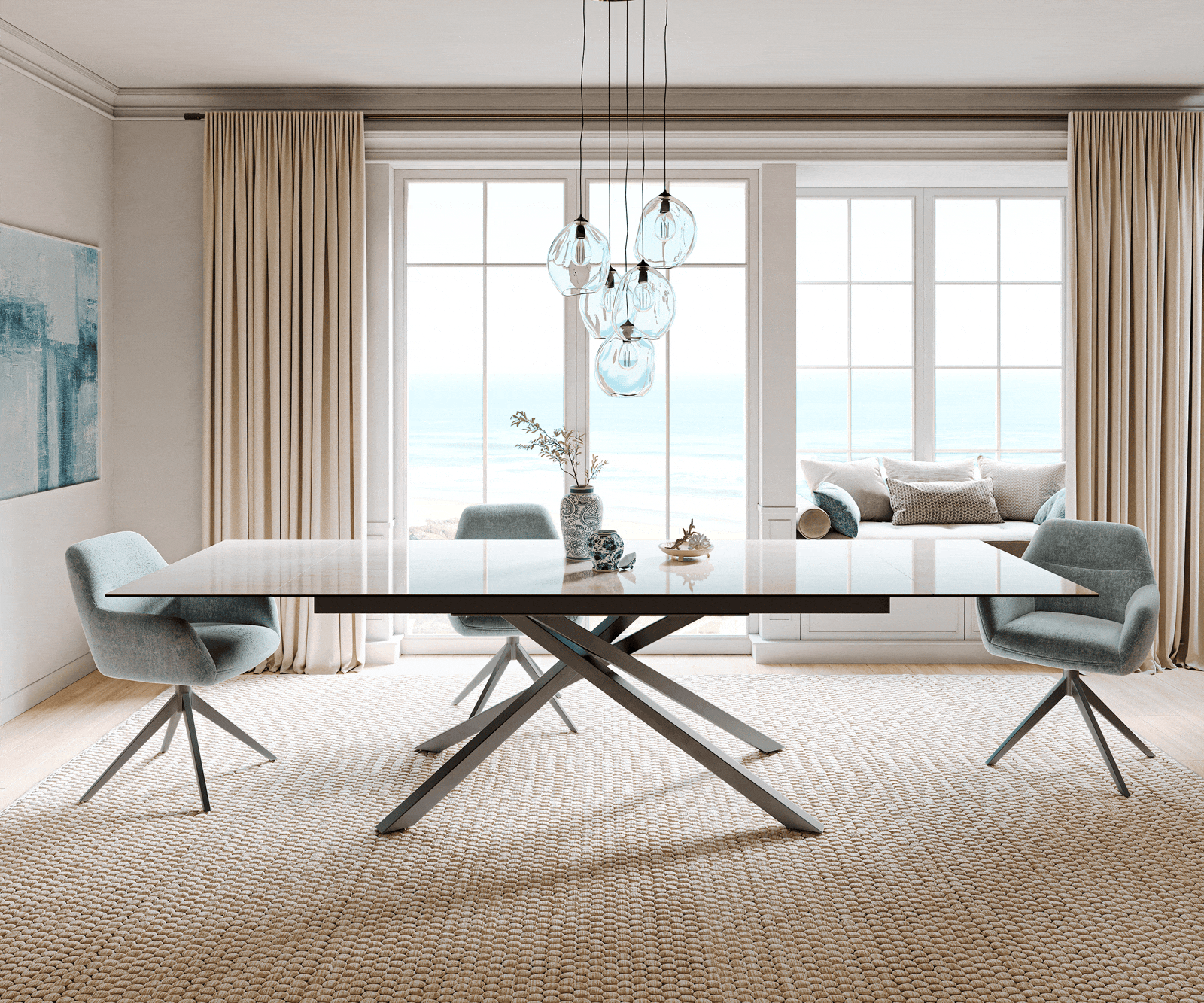 Table à manger extensible Edge 200-300x100 cm céramique Onyx Champagne piètement croisé rectangulaire inox graphite 2