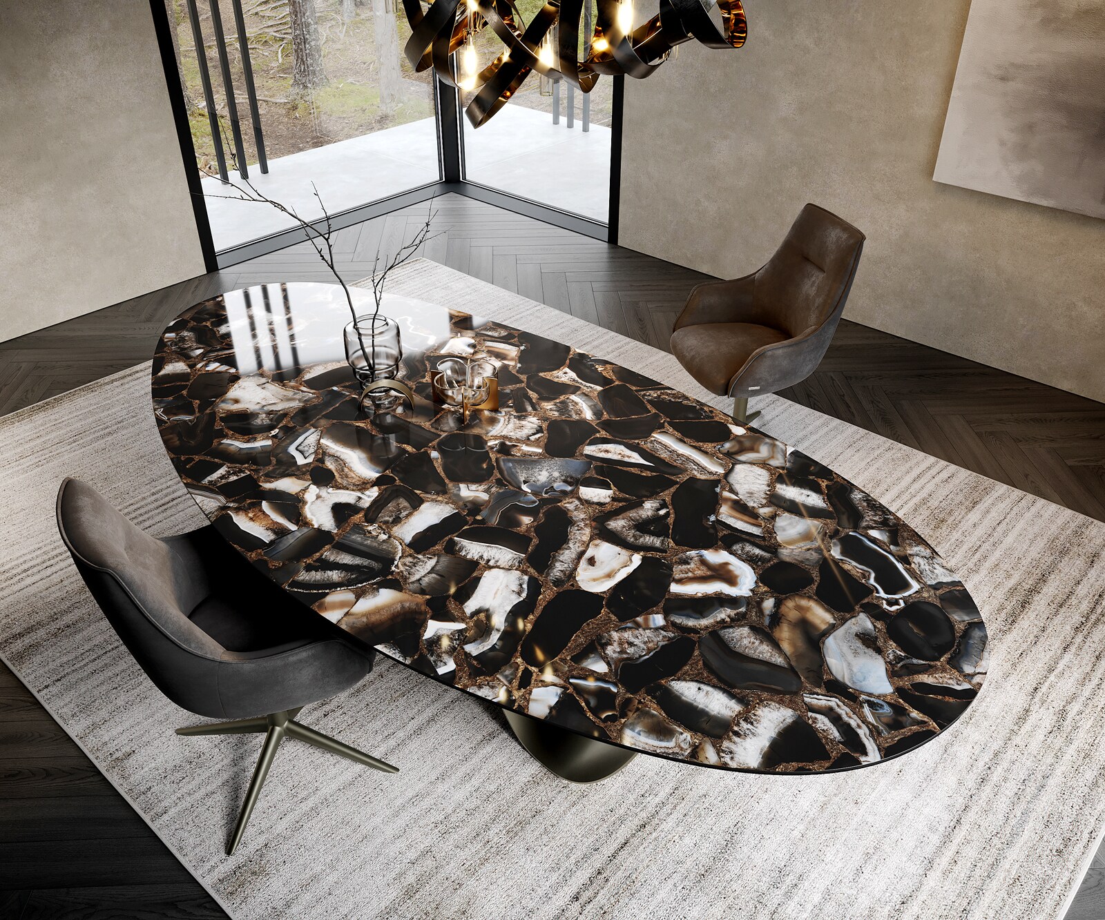 Table à manger Edge Oval 280x130 cm Céramique Iris FMG Agatablack Infinity Métal Finition effet Titan 1