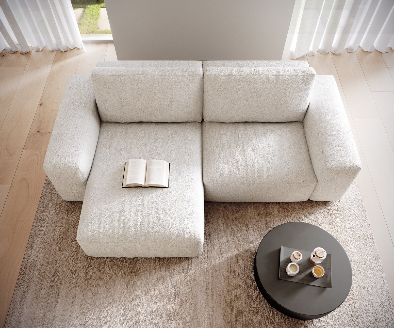 Canapé d’angle Lanzo 230x155 cm bouclé blanc crème méridienne réversible 3