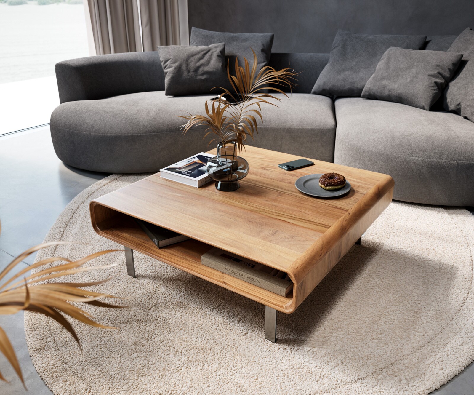 Table-basse Anaya 90x90 cm acacia naturel 1 compartiment pied en L inoxydable
