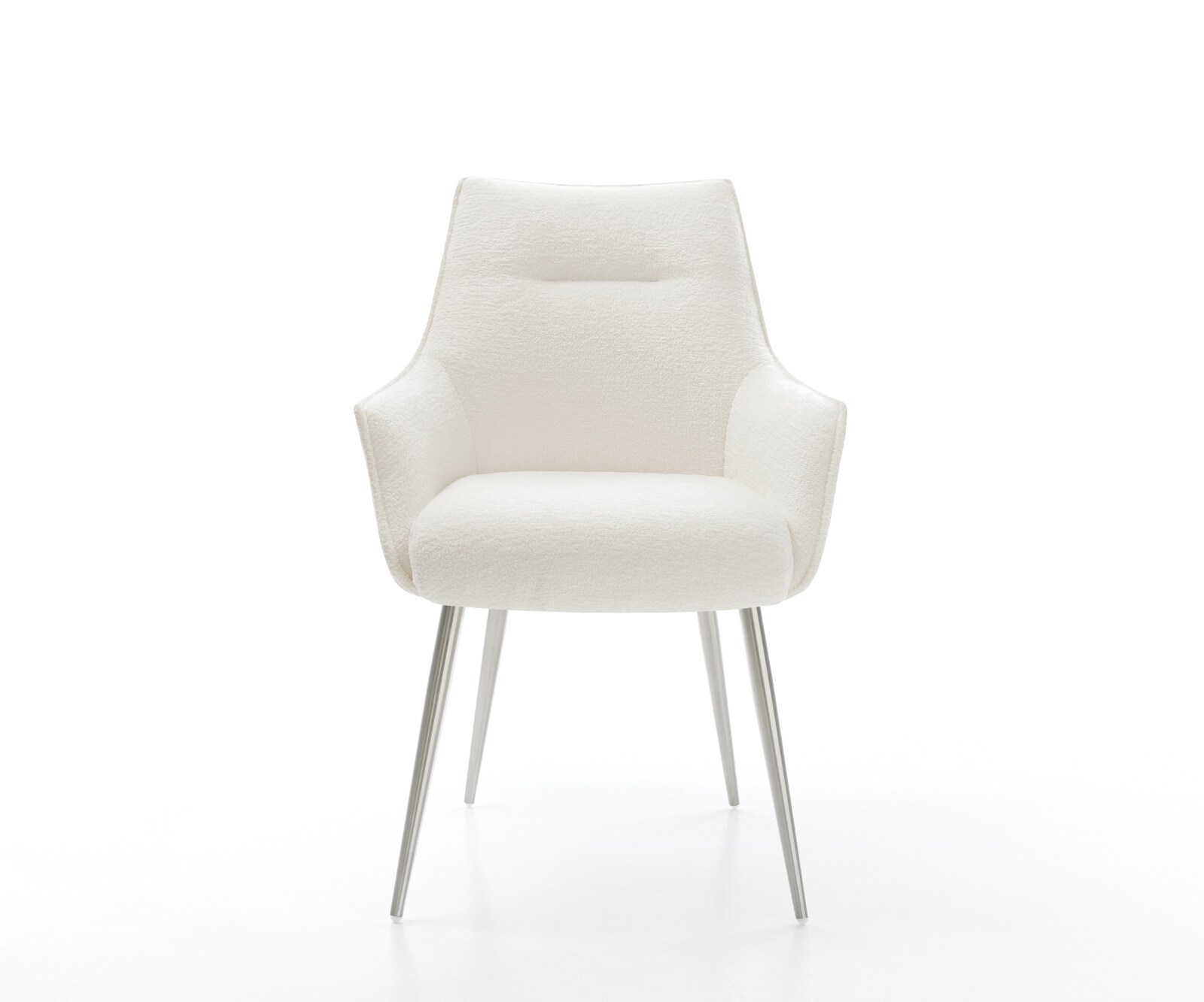 Chaise-de-salle-à-manger Alja-Flex avec accoudoirs bouclé doux beige 4 pieds coniques acier inoxydable resorts ensachés 1