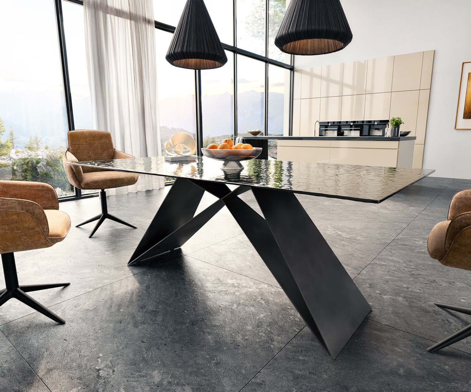 Table à manger Edge 200x100 verre fondu noir fumé relief en 3D cadre en V acier plat noir 3