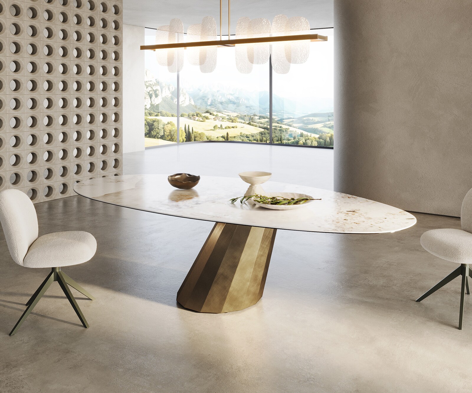 Table à manger Edge ovalee 280x130 céramique Minas mélange blanc-beige parabole métallique doré 4