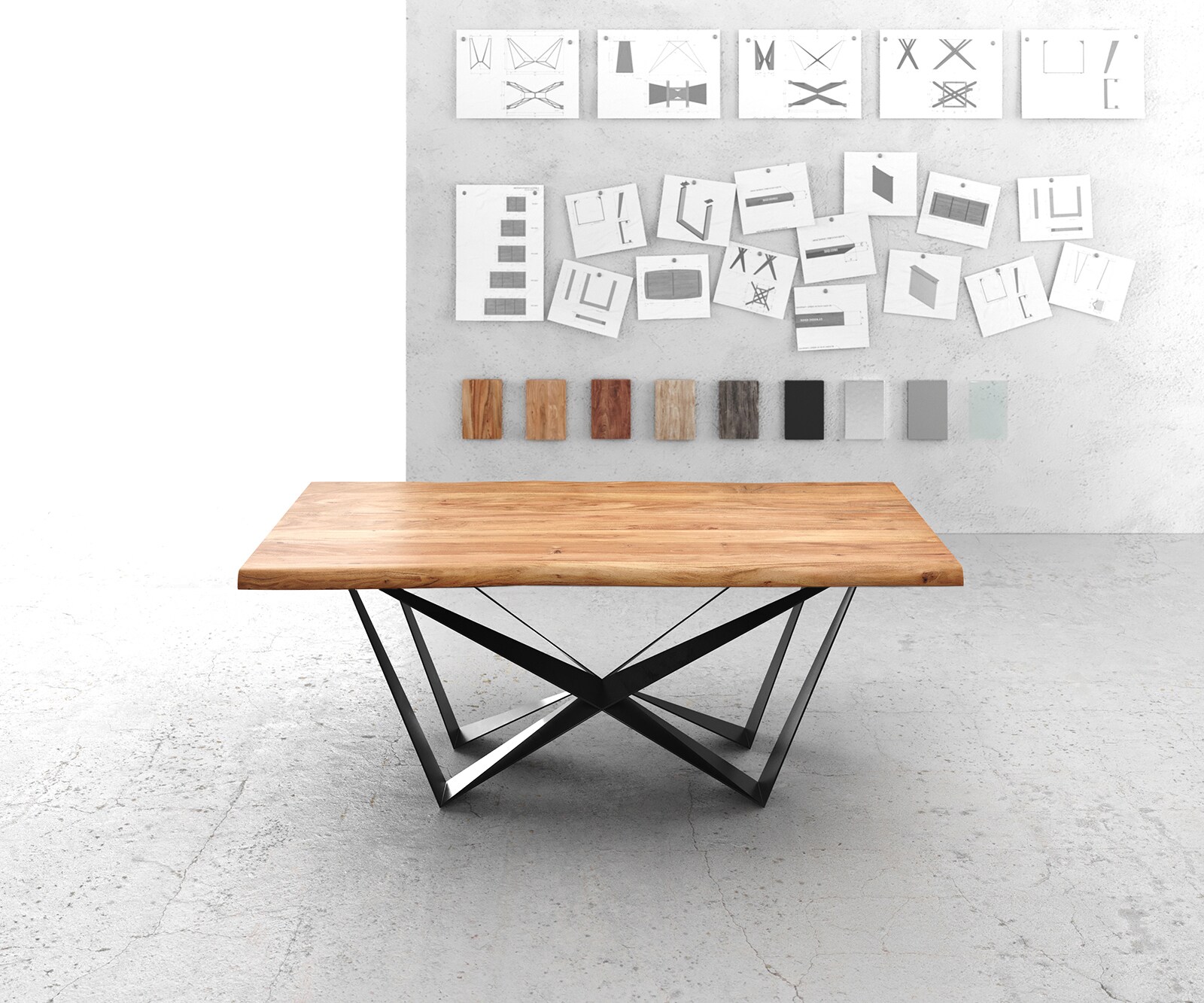 Table à manger Edge 200x100 XL acacia naturel Spider acier plat noir Live-Edge 2