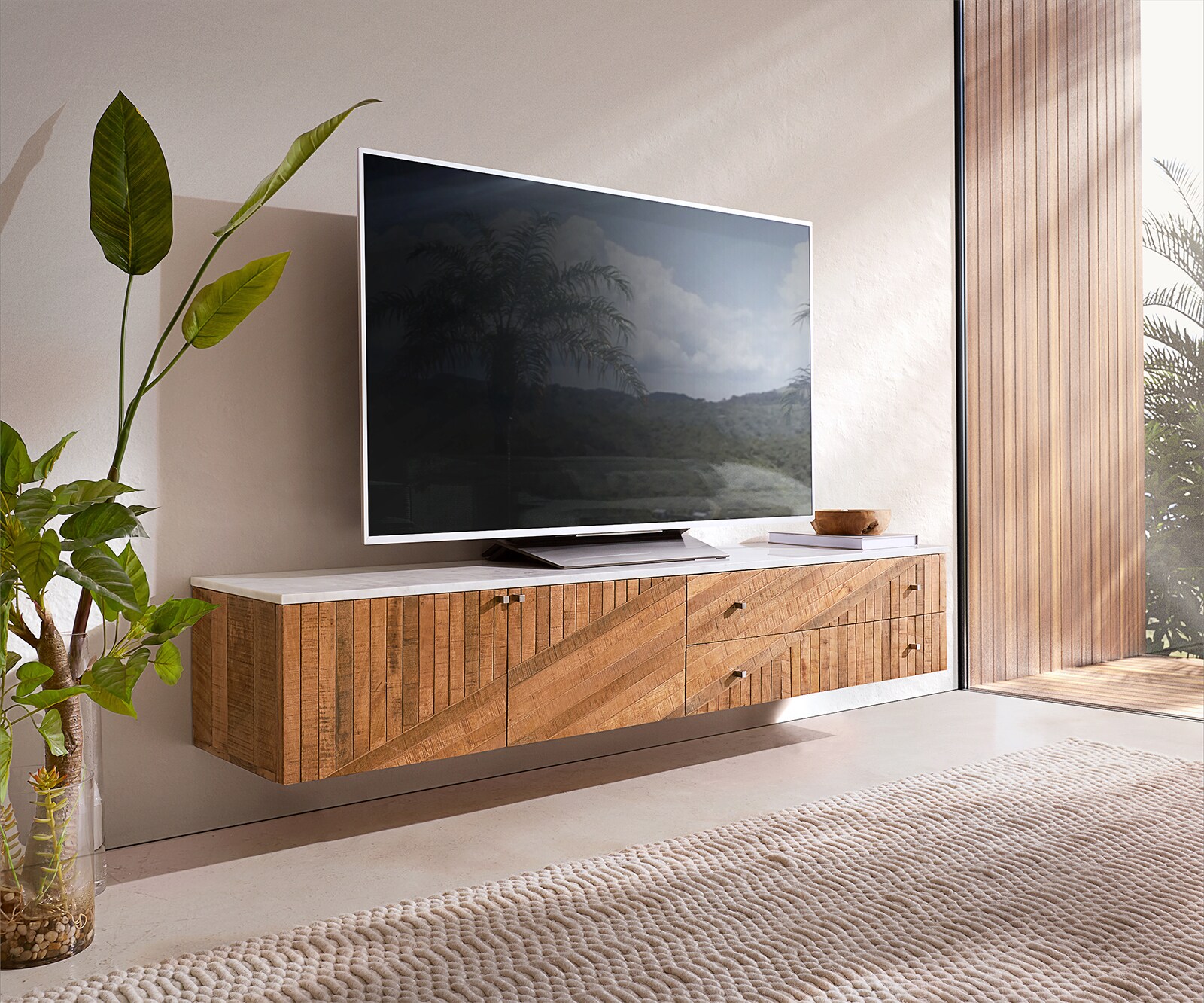 Meuble-TV Bahan 175 cm Mangue Teck 2 portes 2 tiroirs Plateau marbre blanc flottant 1