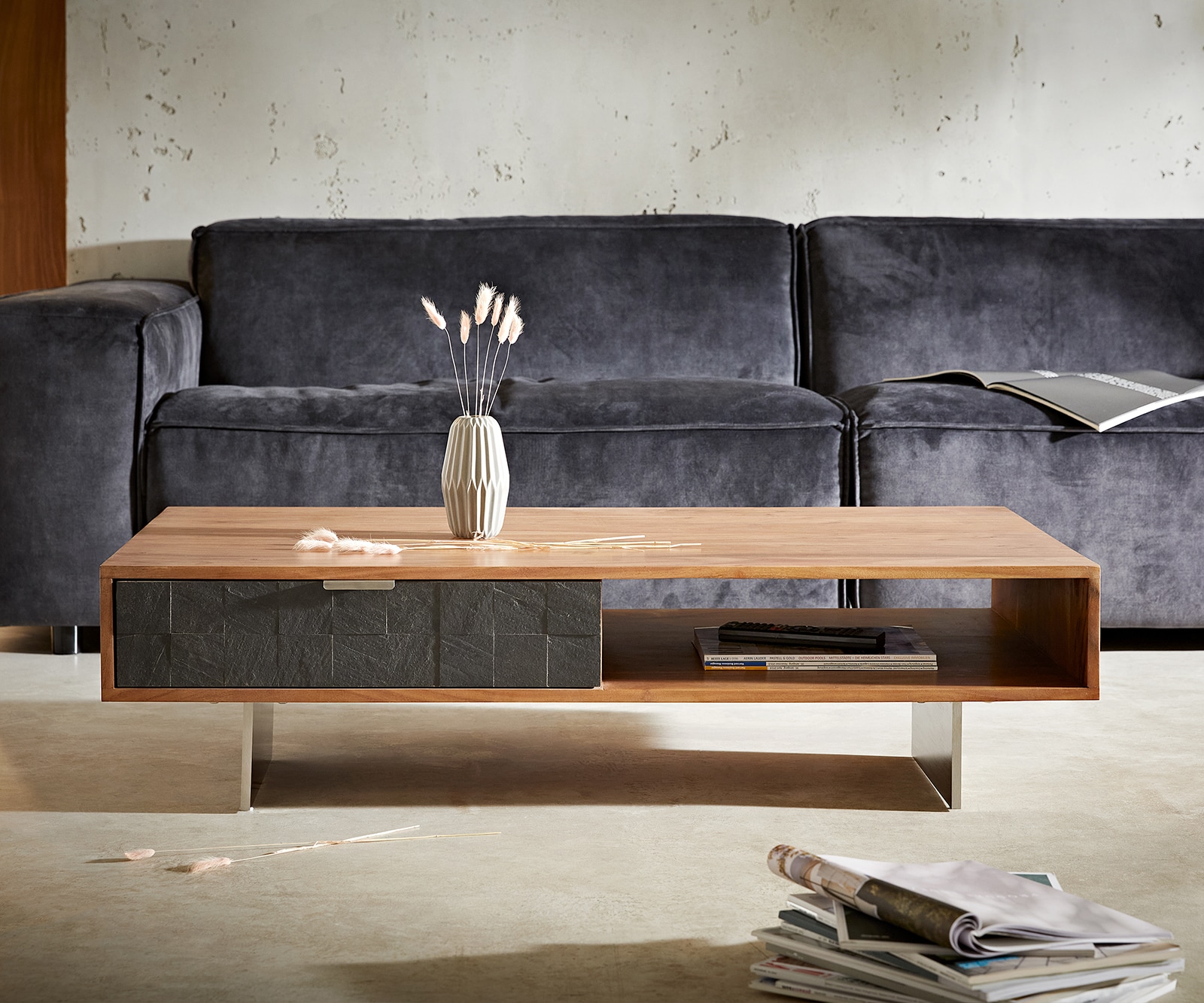 Table-basse Teele 115x60 cm acacia naturel ardoise 2 tiroirs pied flottant inoxydable 1 Table-basse Teele 115x60 cm acacia naturel ardoise 2 tiroirs pied flottant inoxydable 1