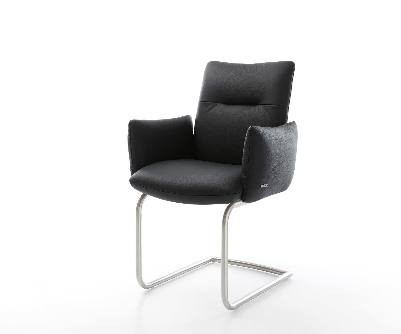 Cantilever Jova-Flex avec accoudoirs cuir de vache noir pied cantilever rond acier inoxydable brossé ressorts ensachés