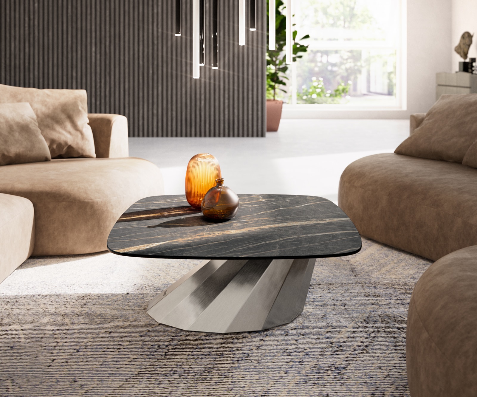 Table basse Edge Boot 90x90 cm céramique Laminam® Noir Desir brun Parabi acier inoxydable brossé 2