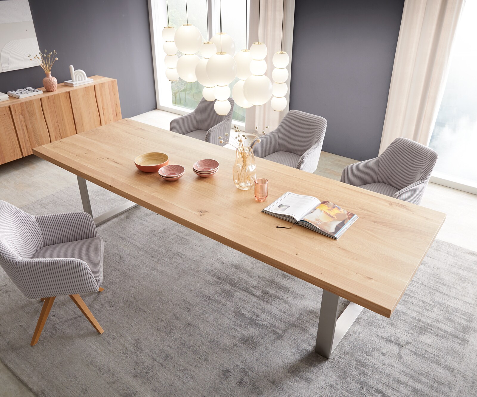 Table à manger Edge 300x100 chêne nature acier inoxydable mince 4