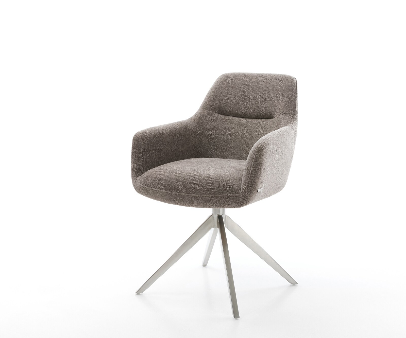 Chaise-pivotante Pejo-Flex tissu structuré doux taupe pied croisé large acier inoxydable pivotement sur 360° fonction bascule ressorts ensachés