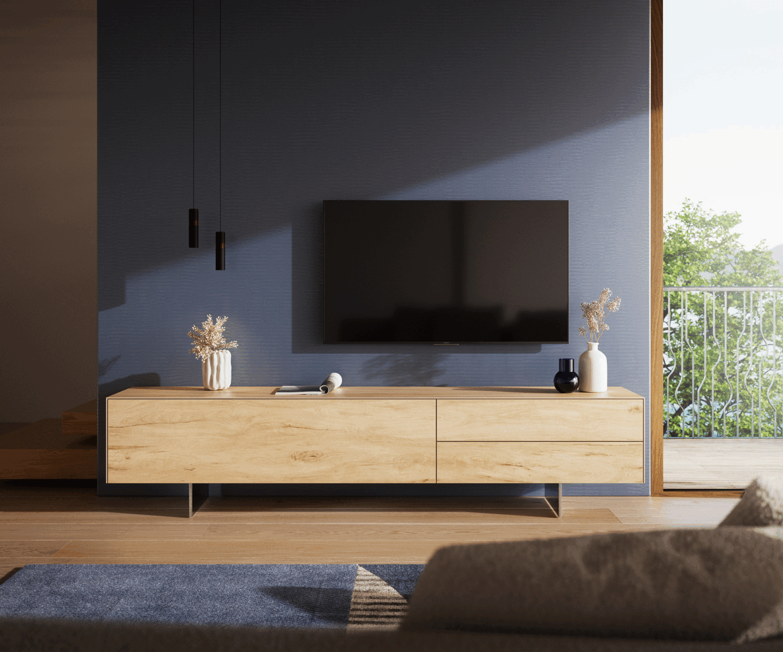 Meuble-TV Cuor 220 cm Céramique Laminam® Sabbia Teinte chêne 1 Clapet 2 Tiroirs Pied optique flottant Ancier inoxydable 2