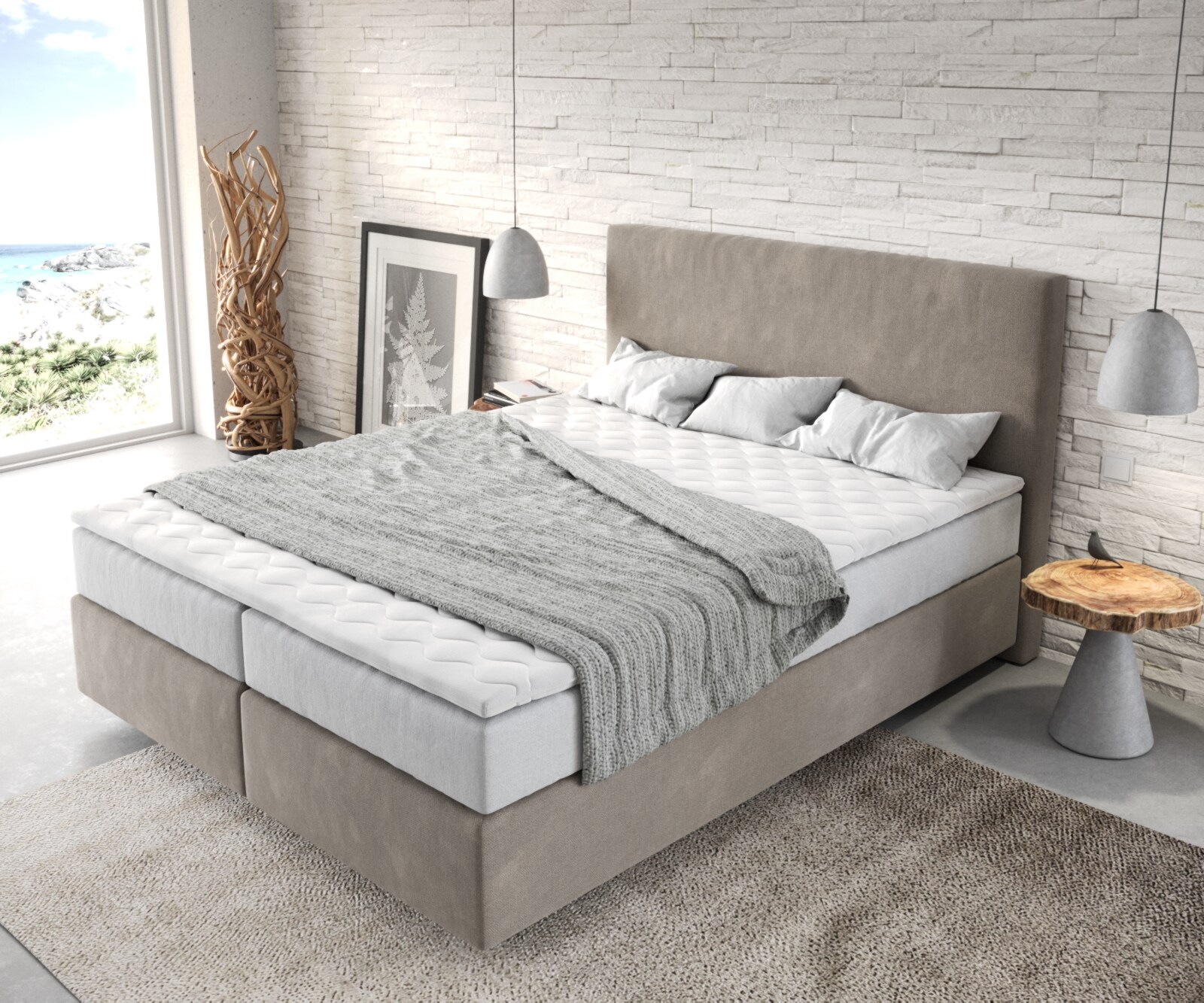 Lit-à-sommier-tapissier Dream-Well 160x200 cm Microfibre Beige avec matelas TFK et surmatelas viscoélastique 3