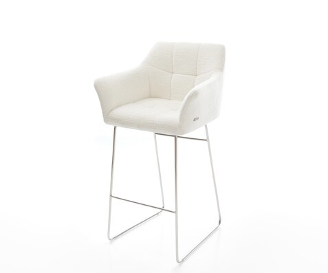 Chaise-de-bar Yulo-Flex Bouclé doux Beige Pied trapèze acier inoxydable Argent