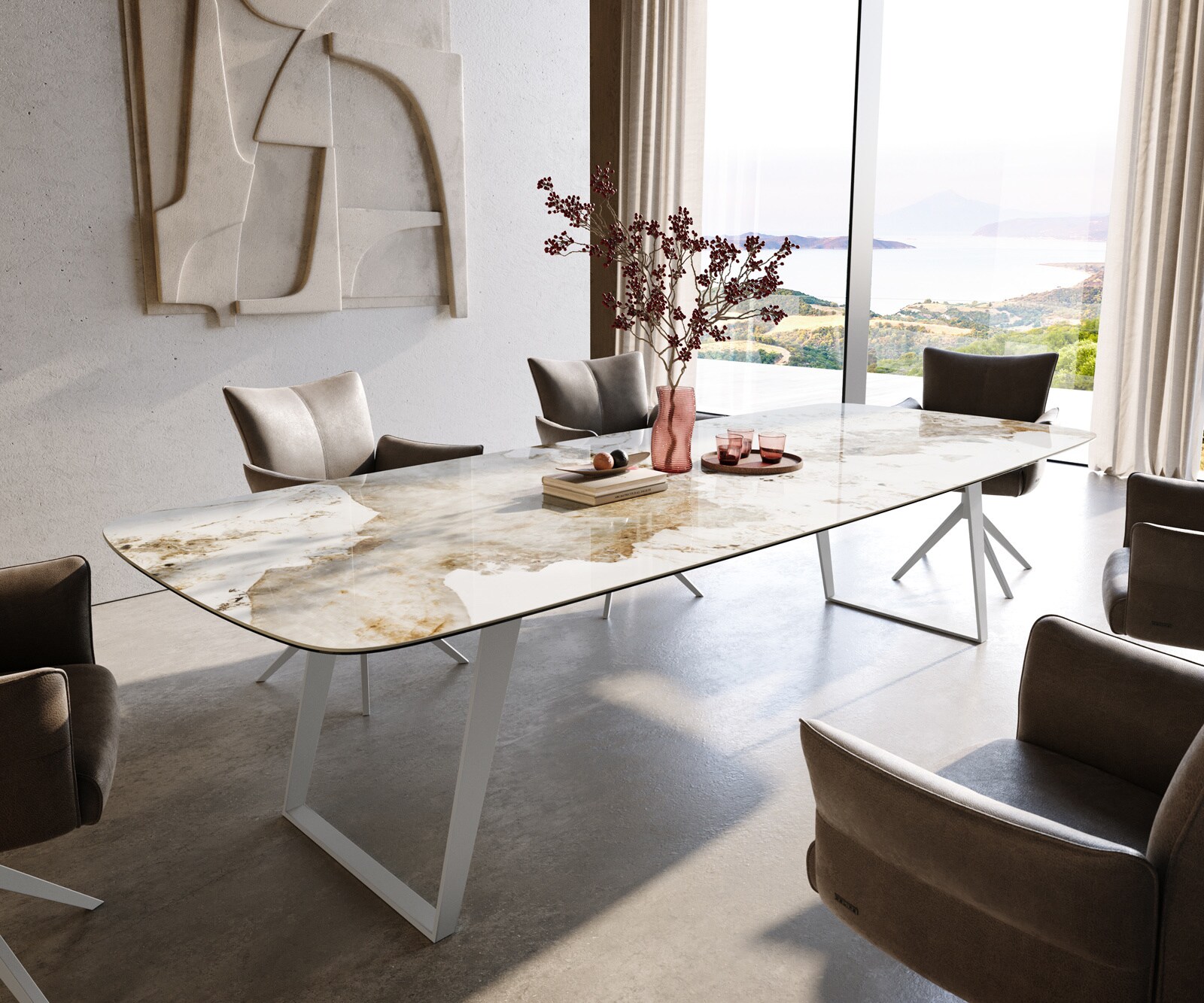 Table à manger Edge Boot 300x120 cm Céramique Minas Melange Blanc-Beige Métal Schräg Blanc 1