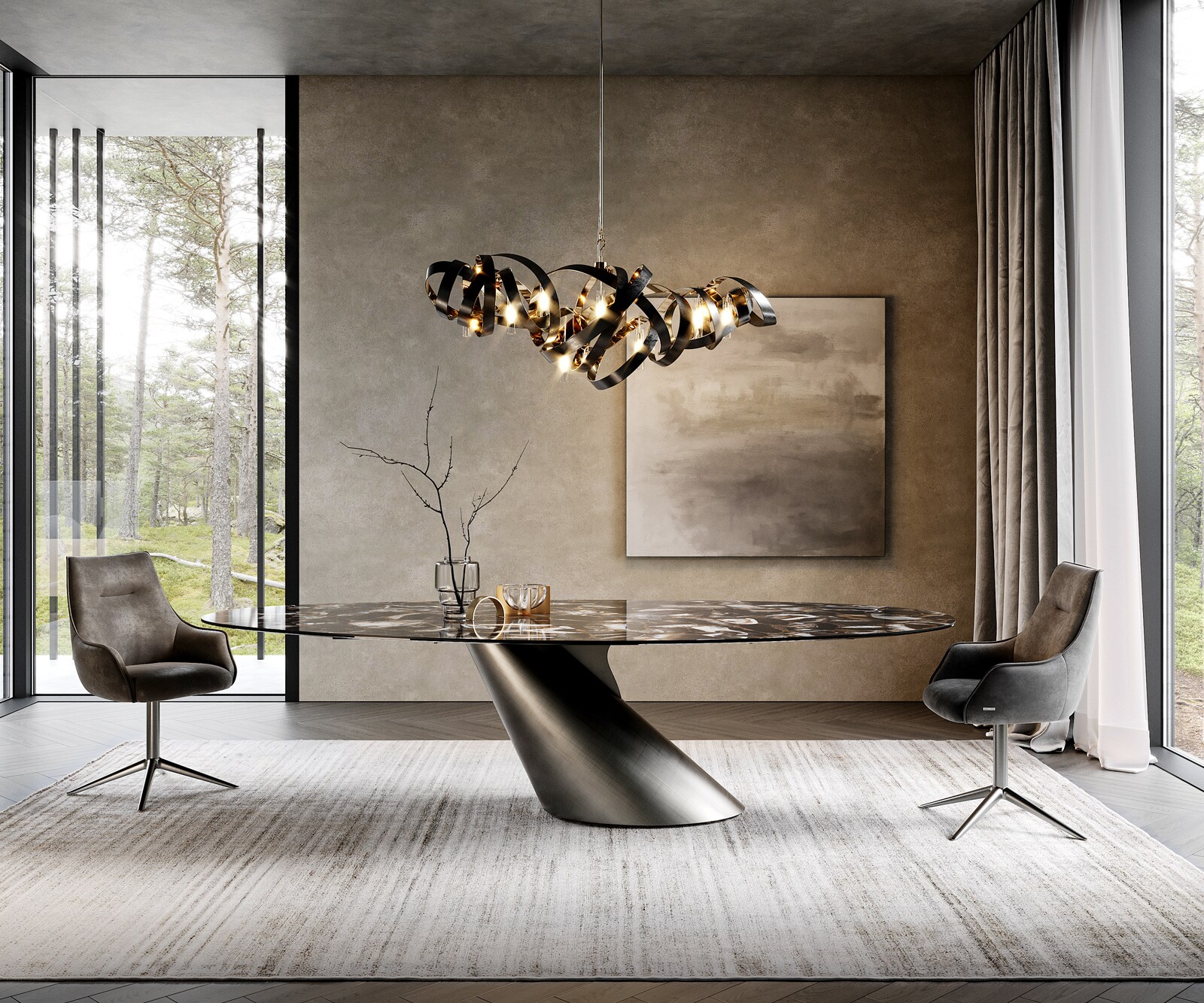Table à manger Edge ovalee 280x130 céramique Iris FMG Agatablack Cono métallique argent