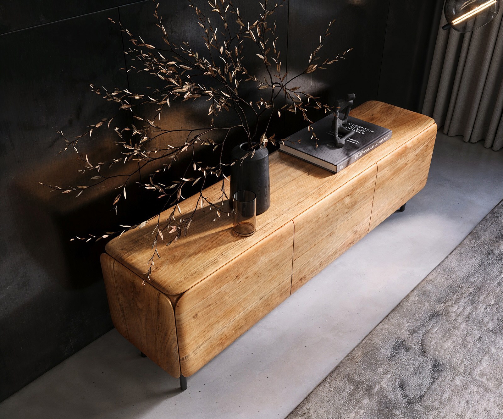Meuble-TV Shavani 175 cm Acacia naturel 2 portes 2 tiroirs Pieds ronds Métal Noir 3
