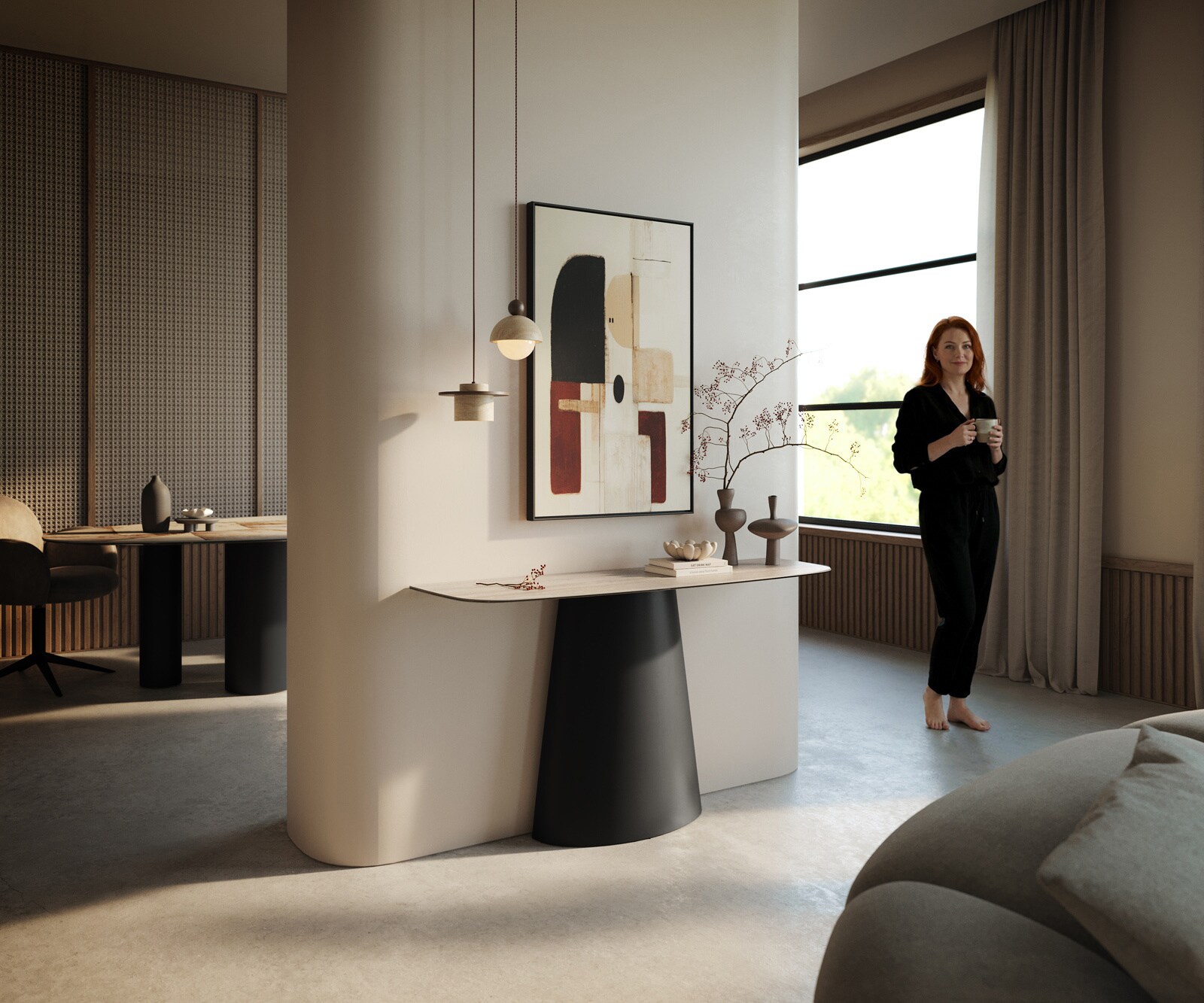 Console Edge forme bateau 140x40 cm Céramique Laminam® Travertino Bianco Creme-Weiß Conos Métal Noir 7