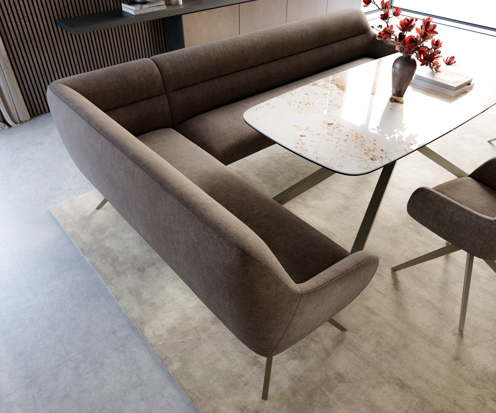 Banc-de-salle-à-manger Taya-Flex 285x190 cm tissu structuré doux taupe pied croisé angulaire titane ressort ensaché à droite 3
