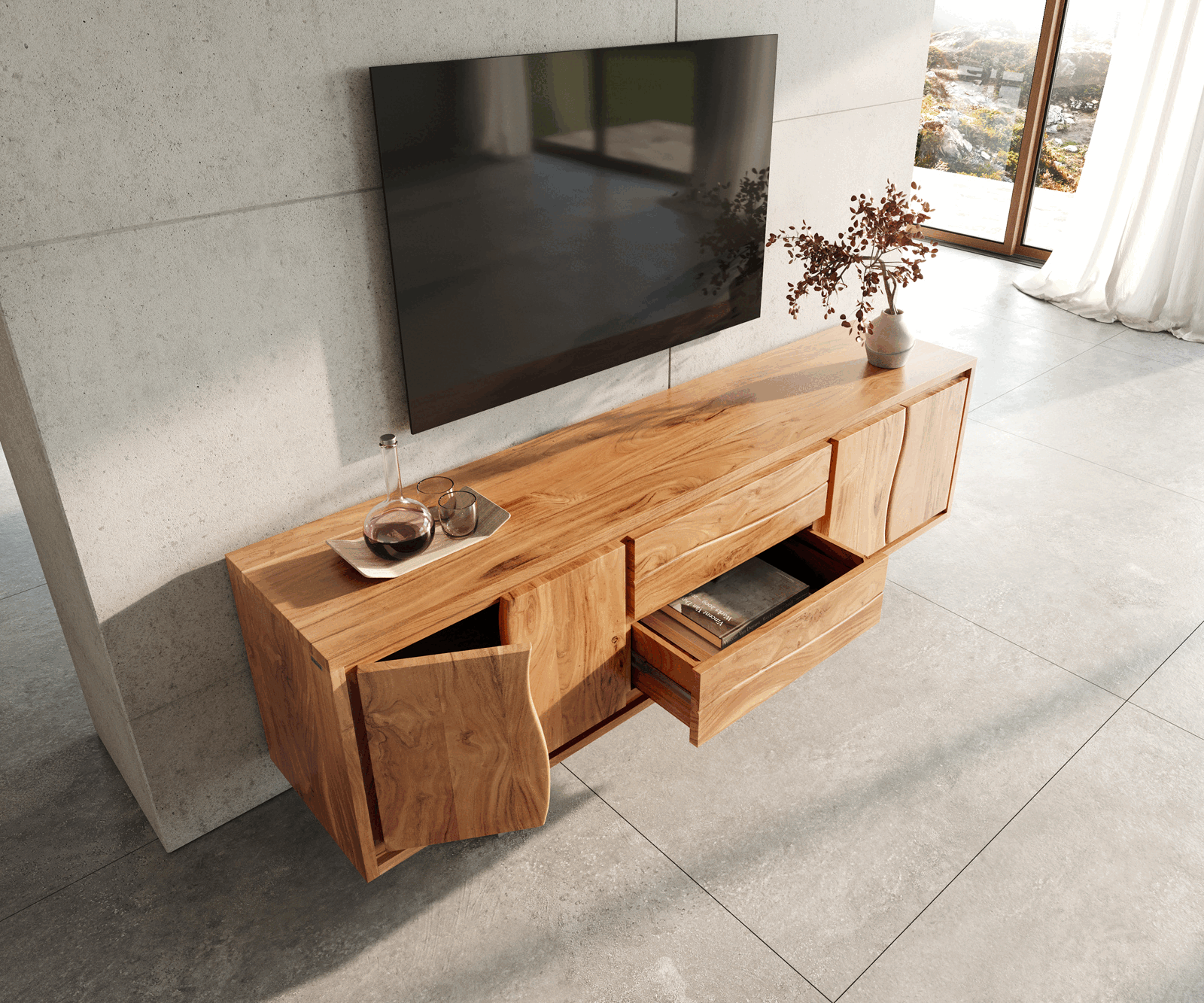 Meuble-TV Live-Edge 200 cm Acacia naturel 4 portes 2 tiroirs 3