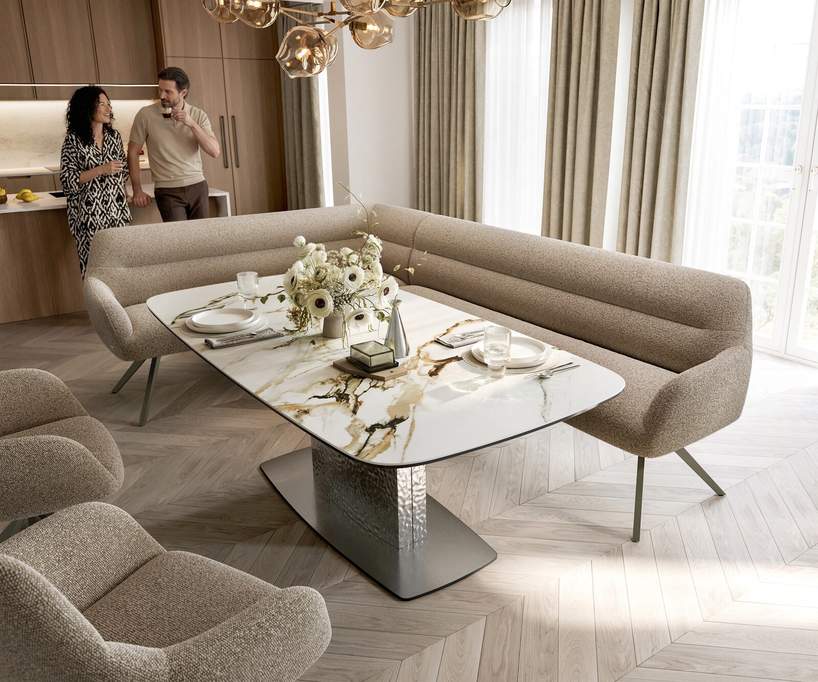 Banc-de-salle-à-manger Taya-Flex 285x190 cm bouclé boue pied croisé angulaire titane ressort ensaché à droite 1