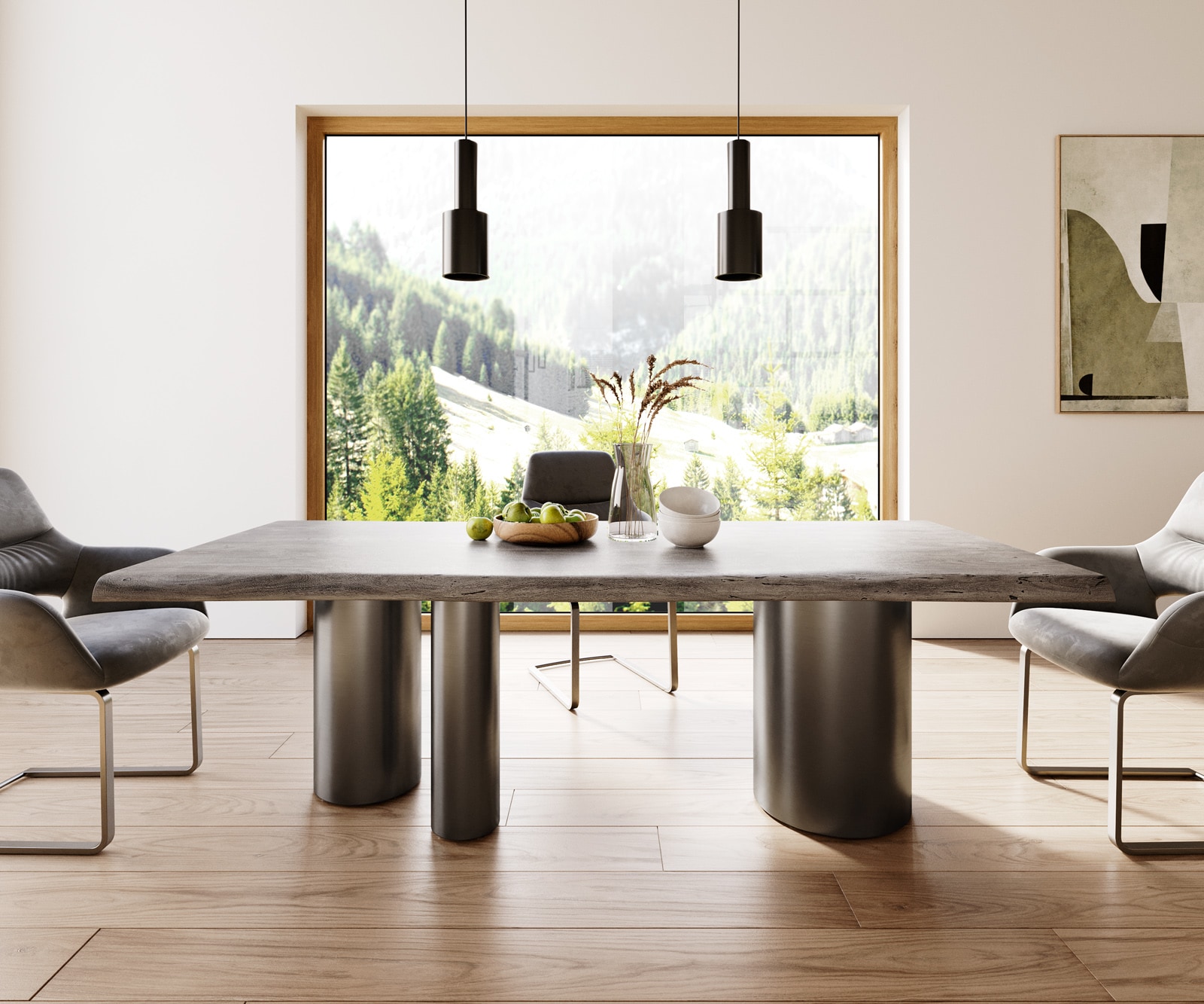 Table à manger Edge 220x100 XL Acacia Platine Troa Acier inoxydable Graphite Live-Edge 1