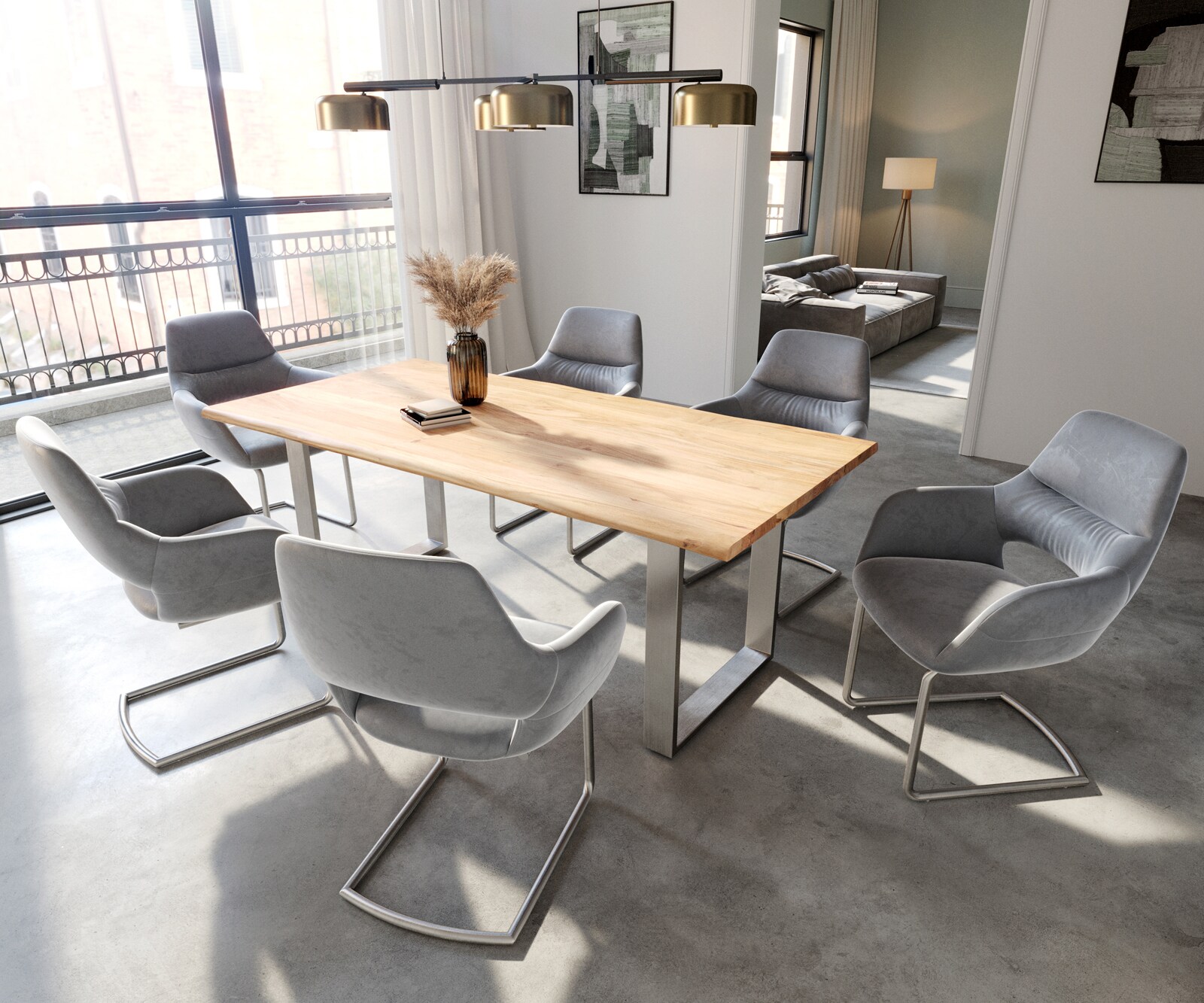 Cantilever Yago-Flex avec accoudoirs velours gris pied cantilever rond acier inoxydable brossé ressorts ensachés 3 Cantilever Yago-Flex avec accoudoirs velours gris pied cantilever rond acier inoxydable brossé ressorts ensachés 3