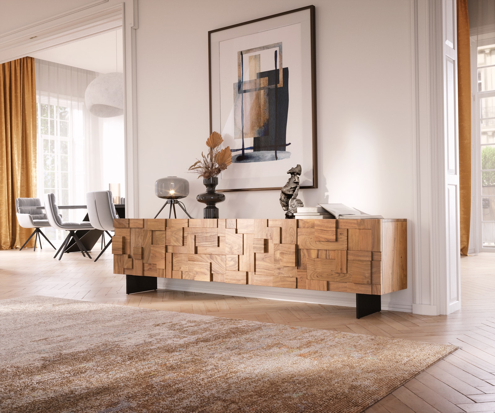Meuble-TV  Puzzle 220 cm acacia naturel 4 portes pied flottant métal noir