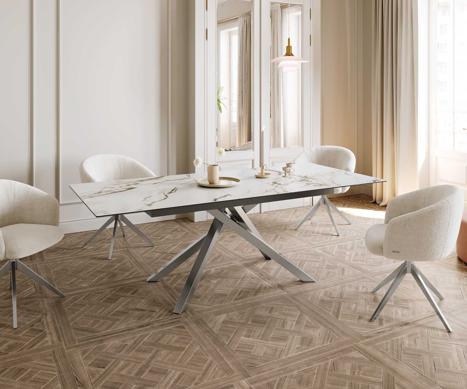 Table à manger Edge 180-220x100 céramique Calacatta Luxe blanc-doré-gris cadre croisé rectangulaire acier inoxydable extensible 8