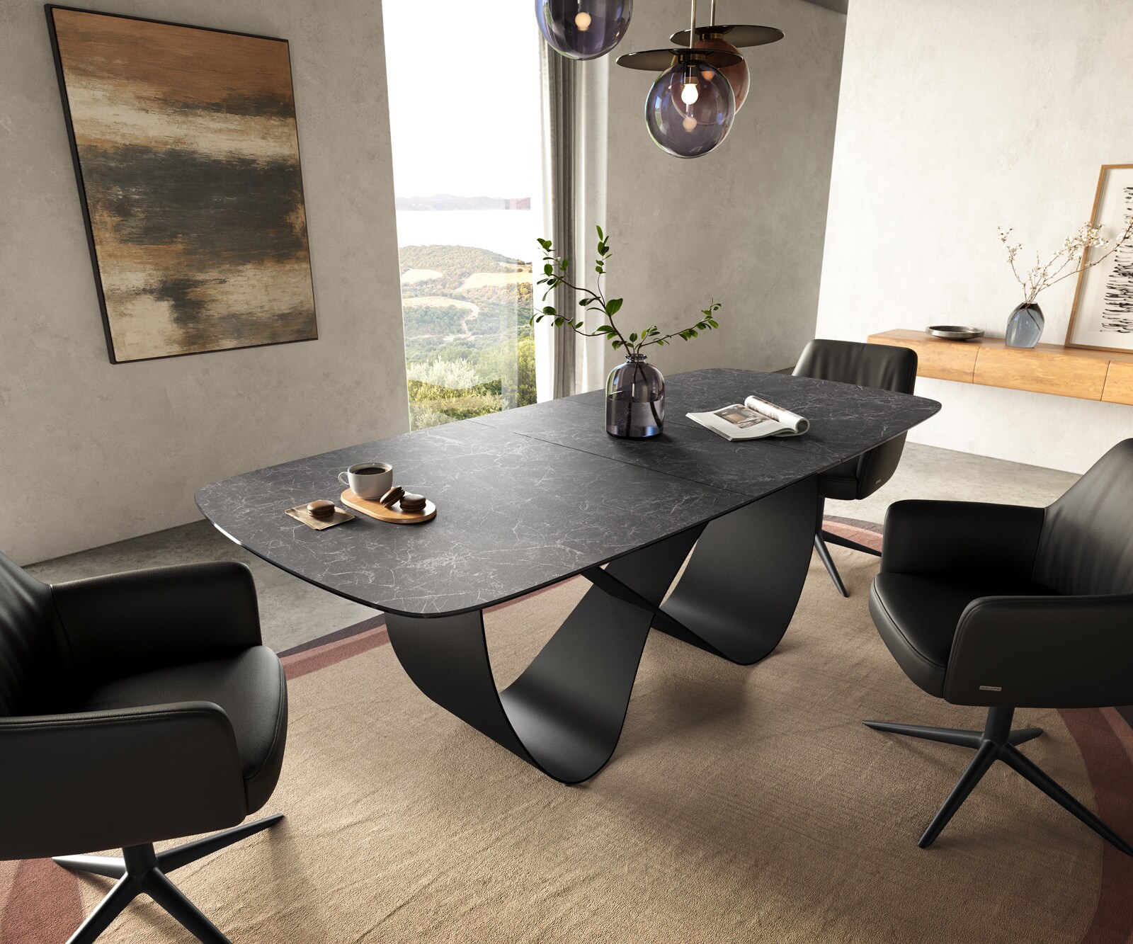 Table à manger Edge Boot 180-220x100 cm Céramique Laminam® Nero Greco Anthracite Infinity Métal Noir extensible 1