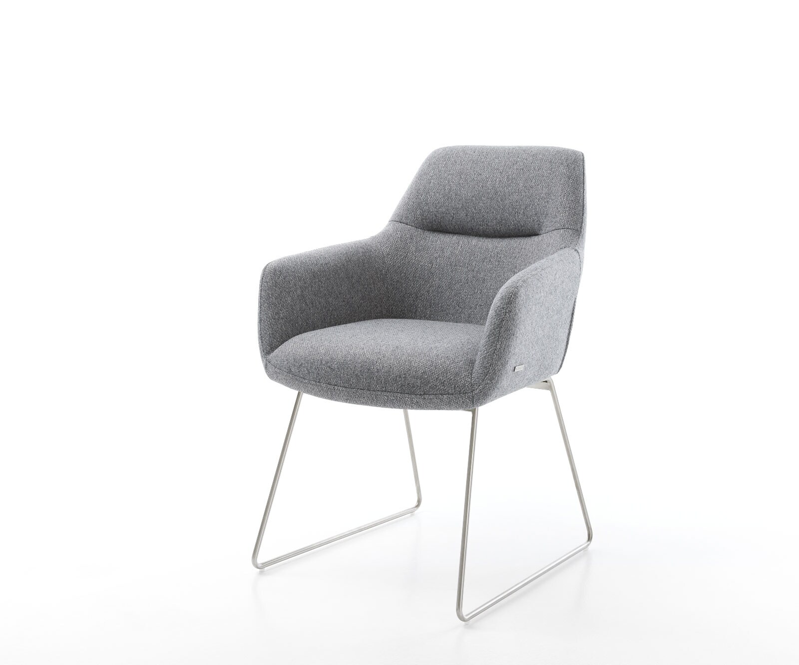 Chaise-de-salle-à-manger Pejo-Flex tissu texturé gris clair pied trapèze acier inoxydable brossé ressorts ensachés