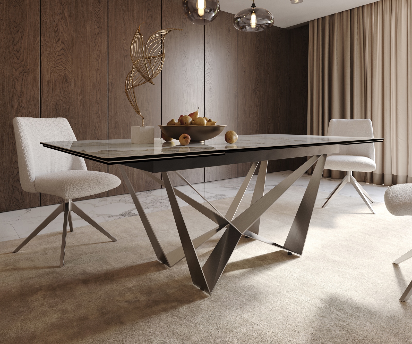 Table à manger Edge 200-300x100 céramique Minas mélange blanc-beige Spider acier plat acier inoxydable extensible 7