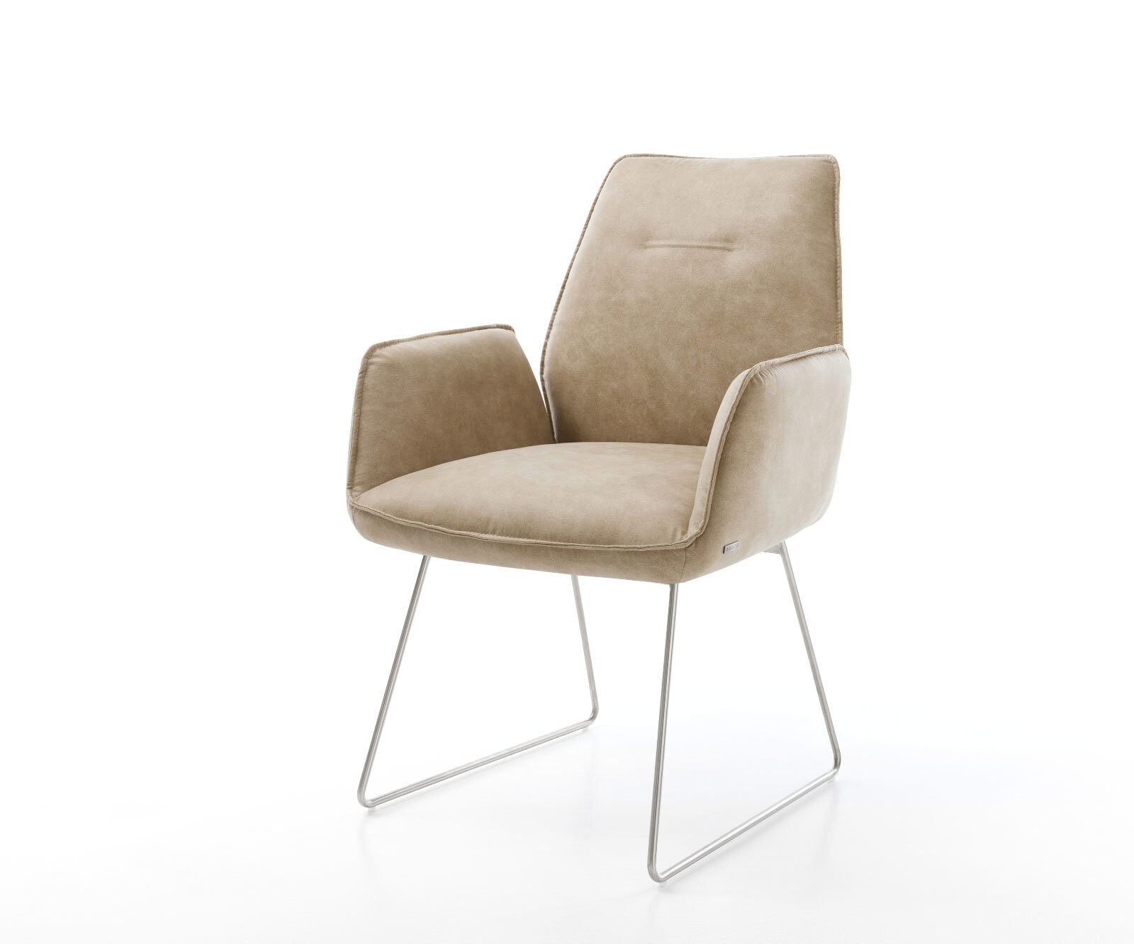 Chaise-de-salle-à-manger Zoa-Flex microvelours beige vintage pied trapèze acier inoxydable brossé ressorts ensachés