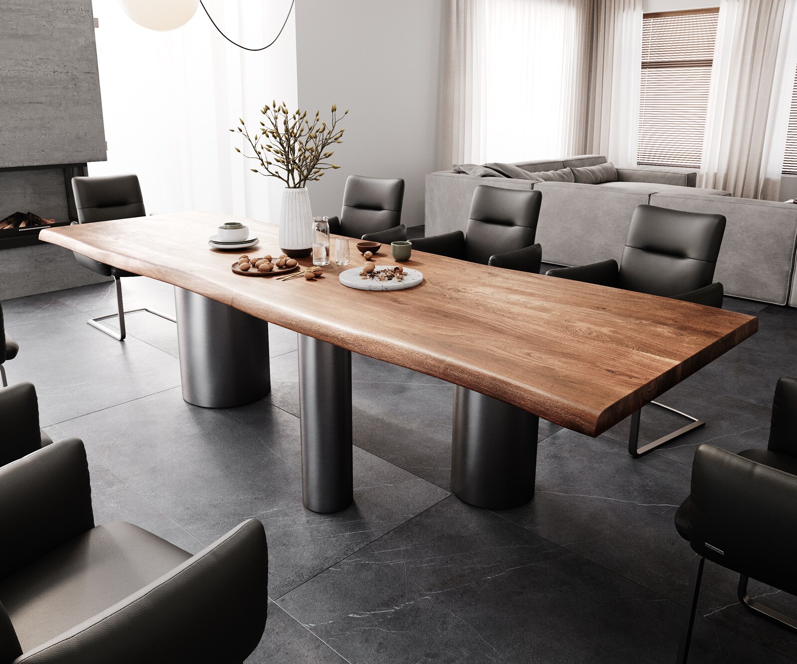 Table à manger Edge 300x100 XL Acacia Marron Troa Acier inoxydable Graphite Live-Edge