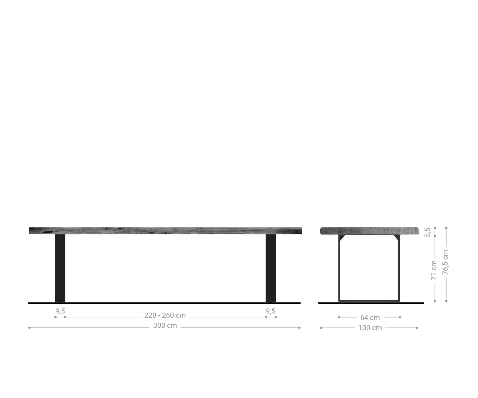 Table-à-manger Edge 300x100 XL acacia marron acier inoxydable mince Live-Edge 5