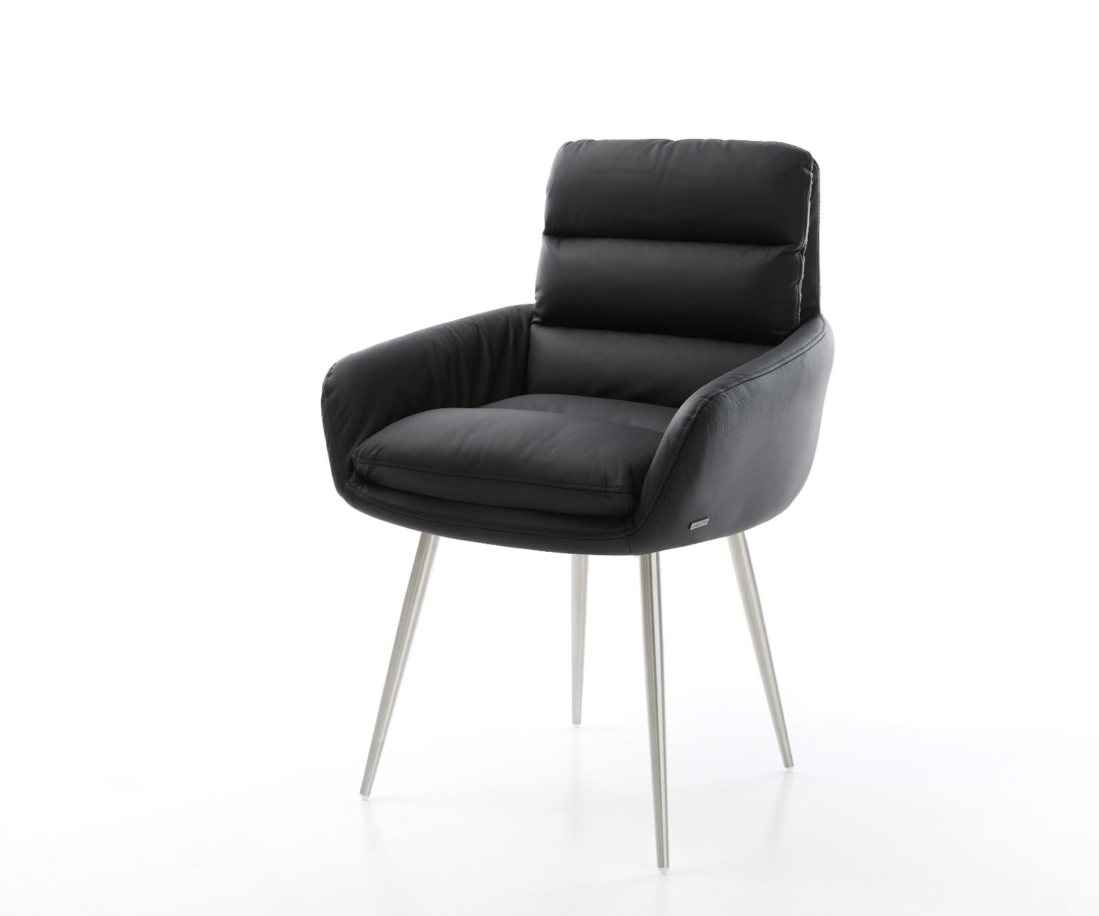 Chaise-de-salle-à-manger Abelia-Flex avec accoudoirs cuir de vache noir 4 pieds coniques acier inoxydable brossé 1