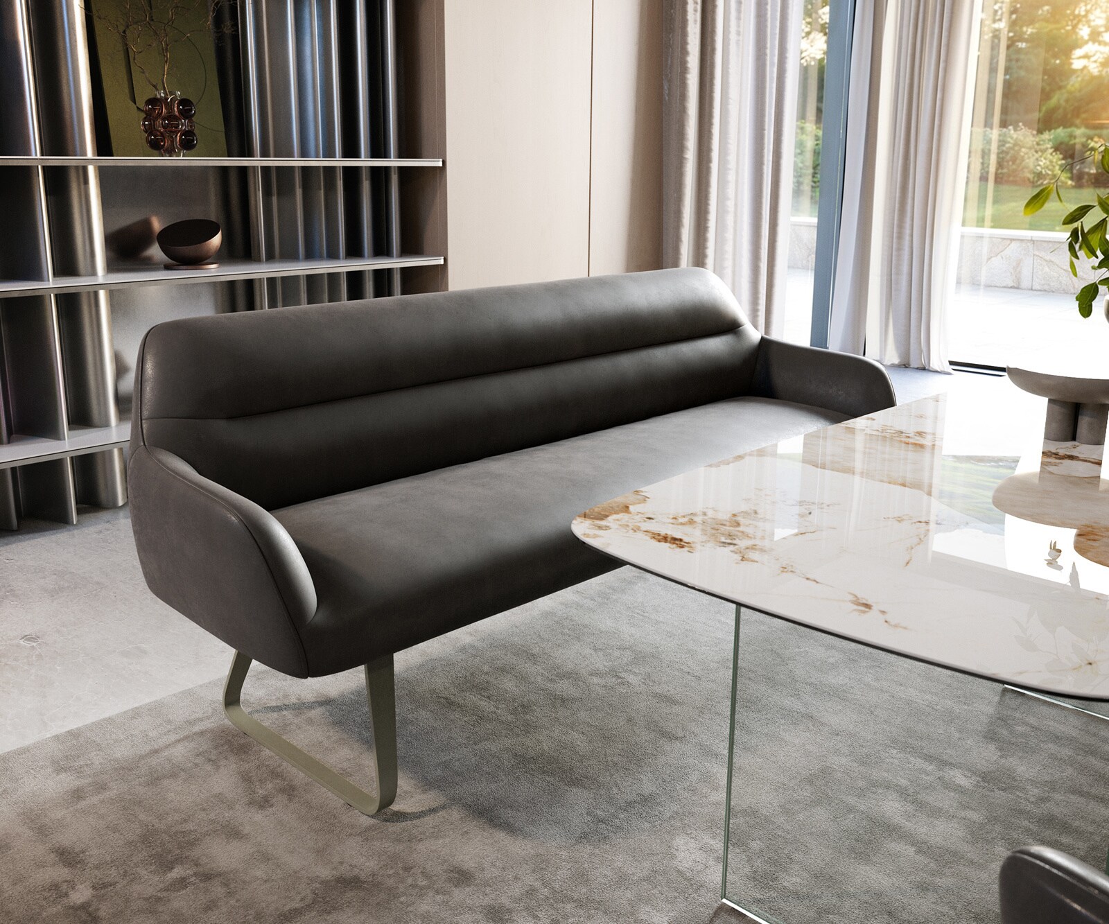 Banc-de-salle-à-manger Taya-Flex 200 cm microfibre antracite vintage châssis à patins plat titane ressort ensaché