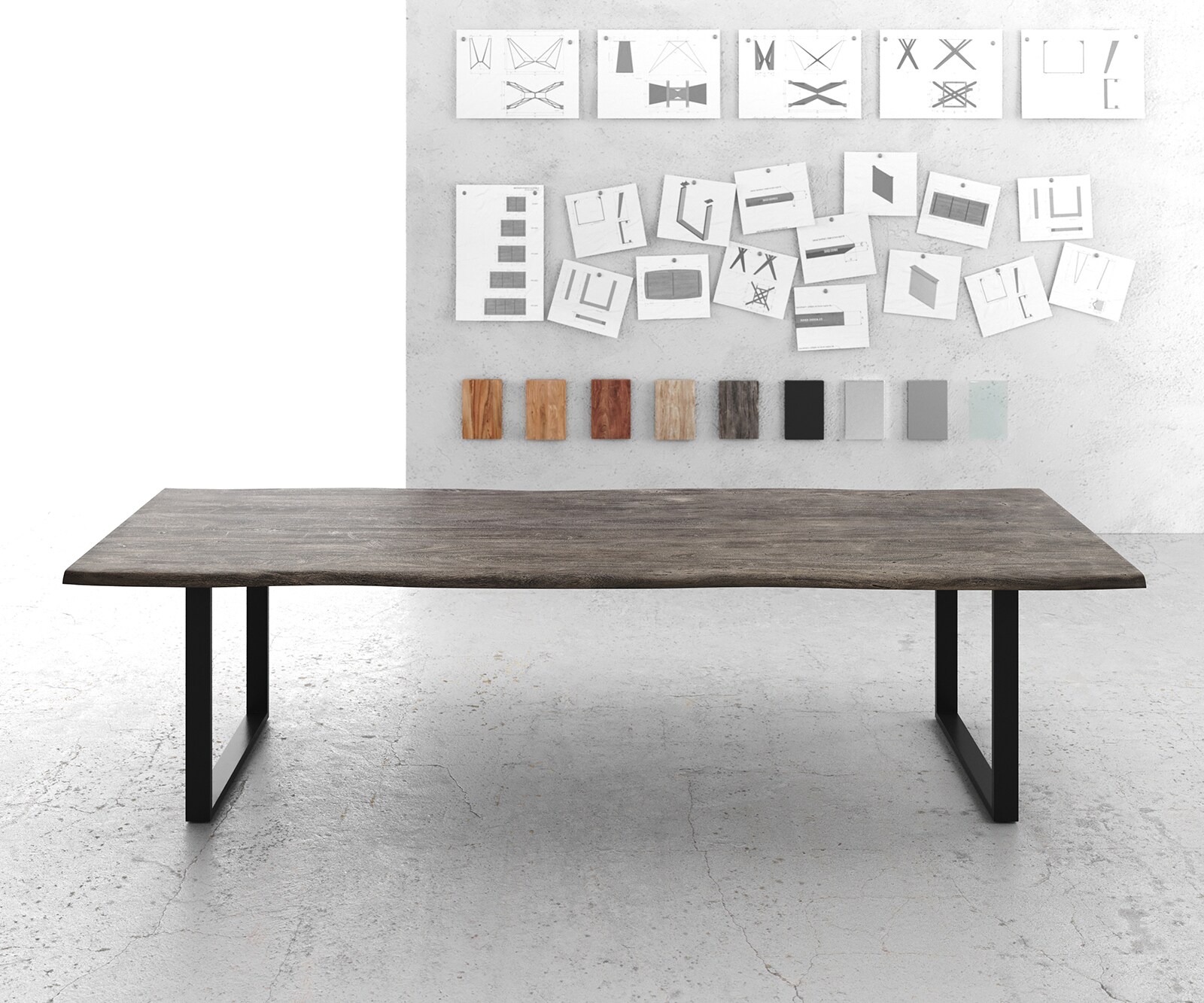 Table à manger Edge 300x100 XL acacia platine cadre traîneau noir Live-Edge 1